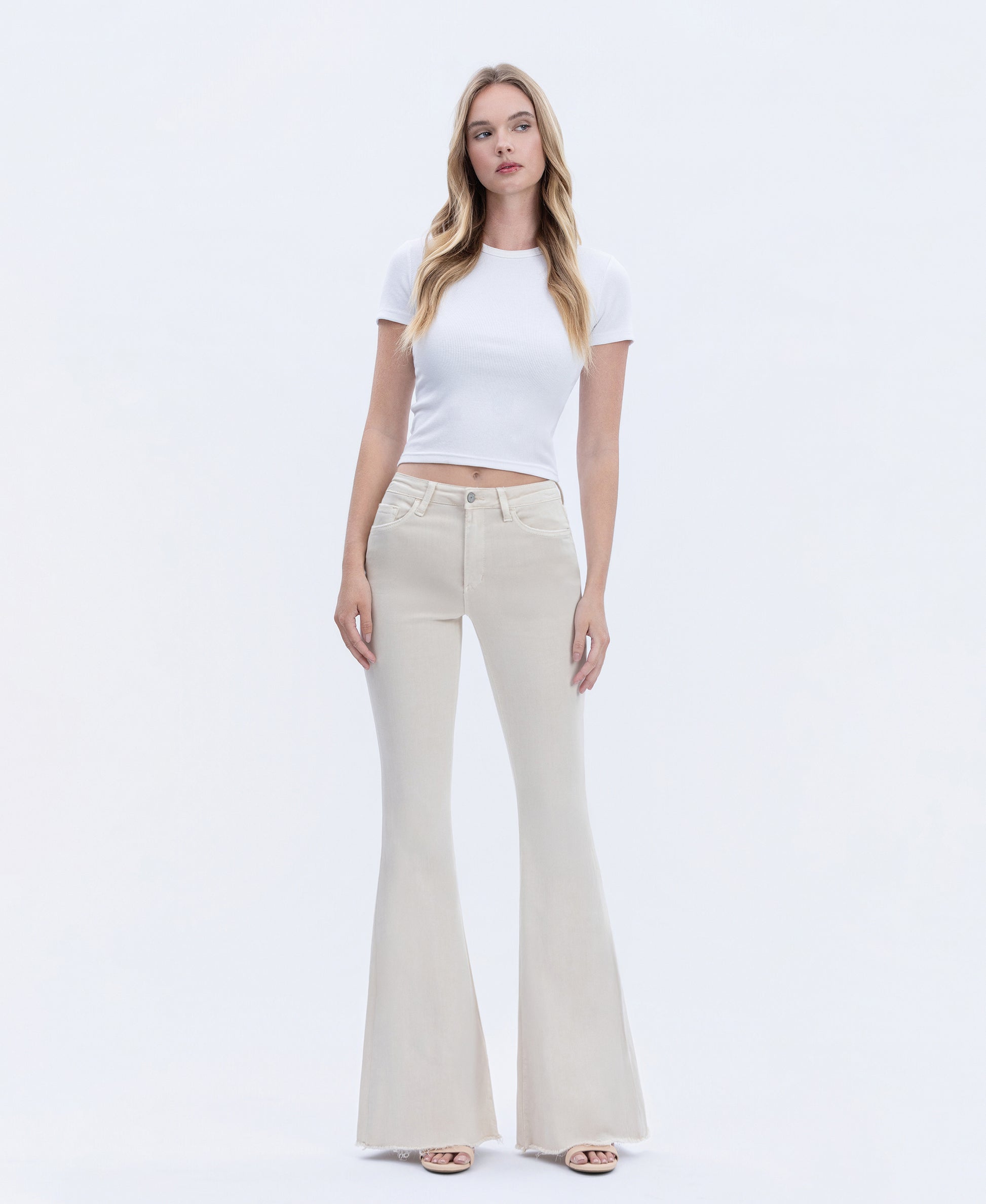 Front product images of Parchment - High Rise Raw Hem Super Flare Jeans