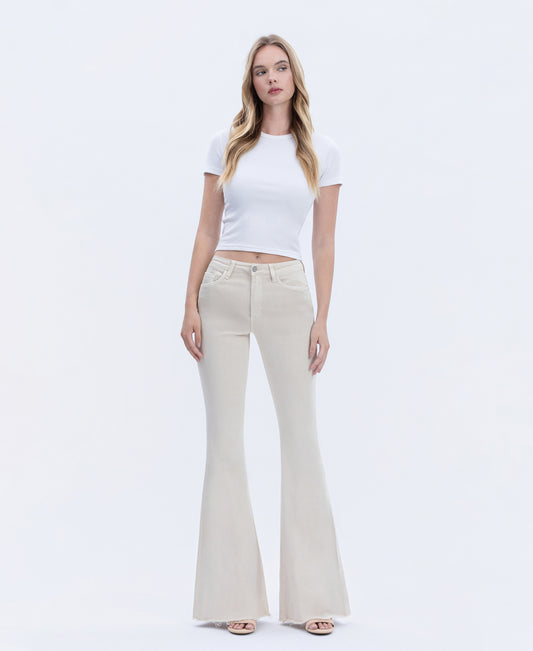Front product images of Parchment - High Rise Raw Hem Super Flare Jeans