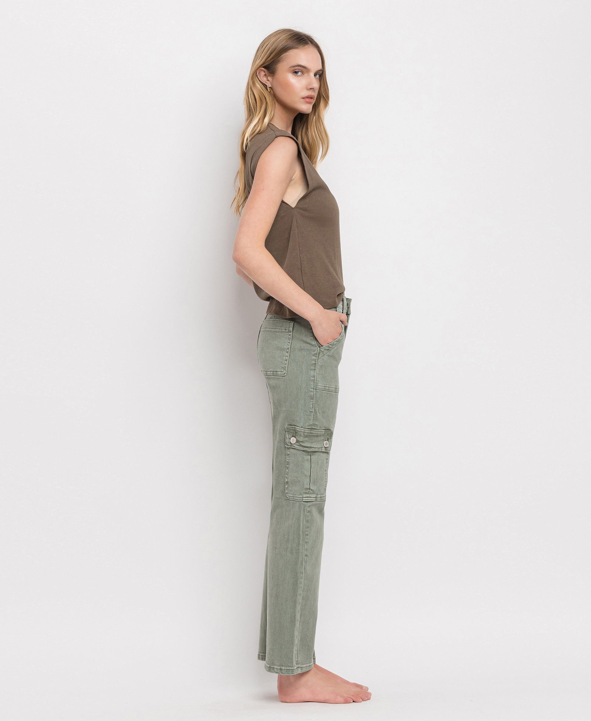 Left side product images of Army Green - High Rise Straight Crop Jeans