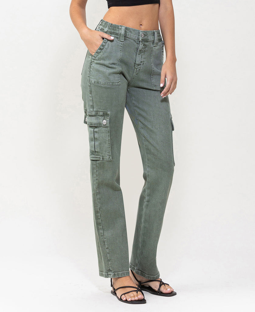 Right 45 degrees product image of Army Green - High Rise Straight Crop Jeans