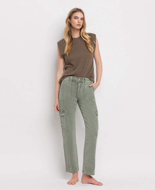 Front product images of Army Green - High Rise Straight Crop Jeans