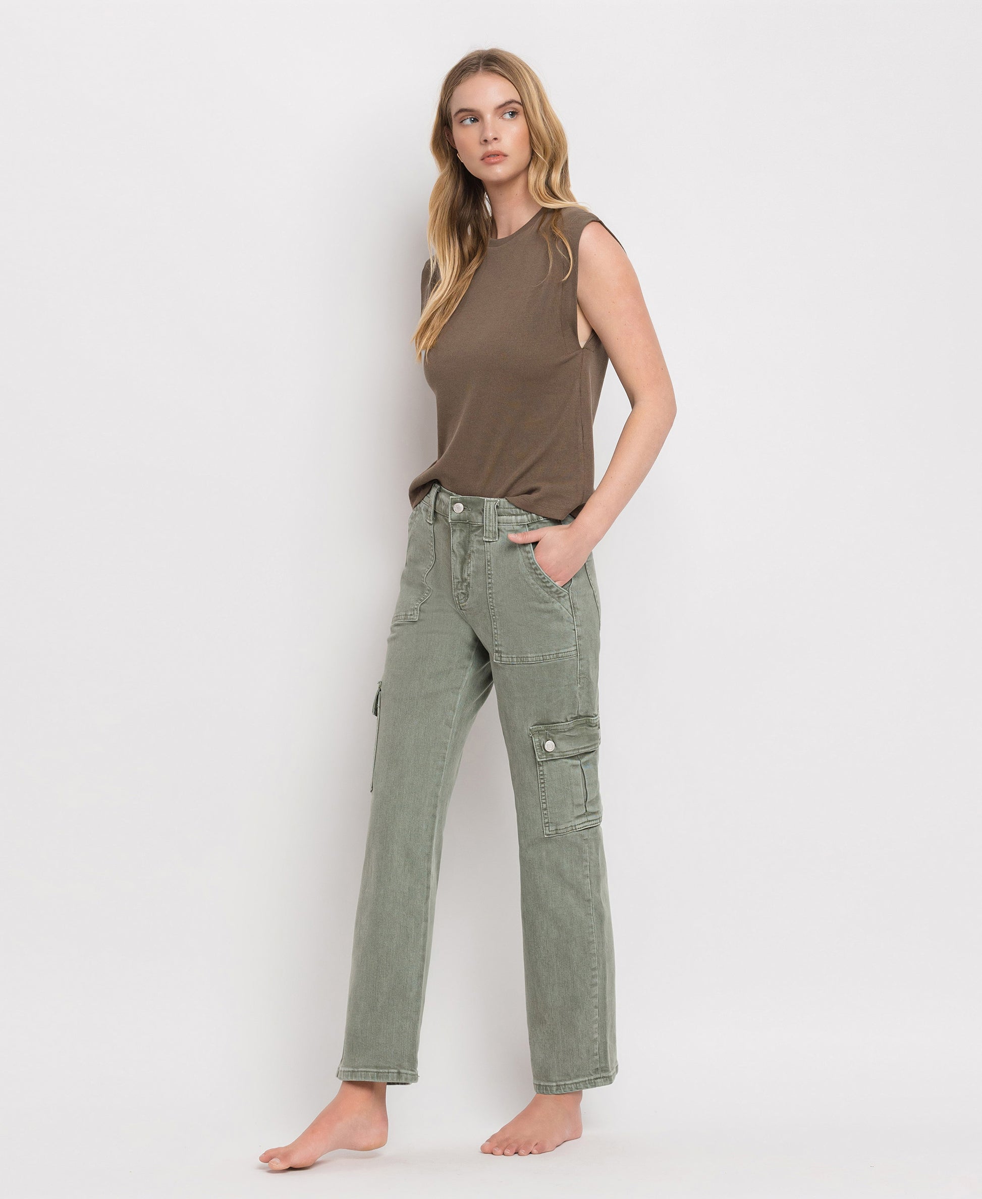 Left 45 degrees product image of Army Green - High Rise Straight Crop Jeans