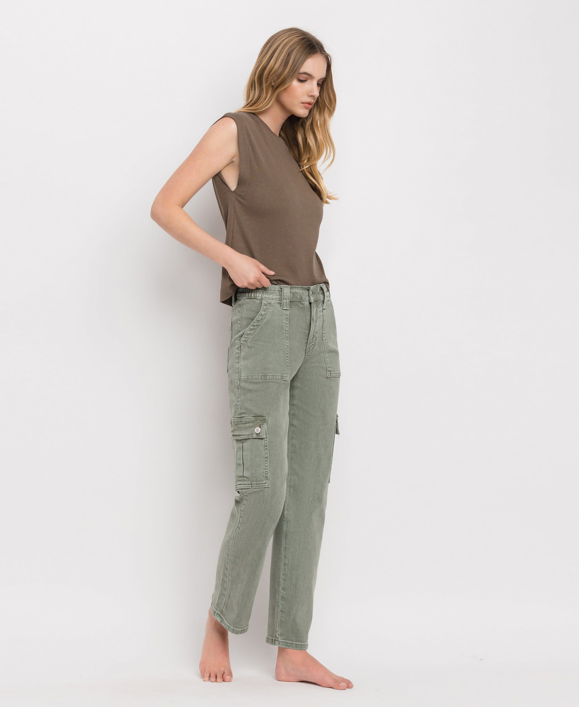 Right 45 degrees product image of Army Green - High Rise Straight Crop Jeans