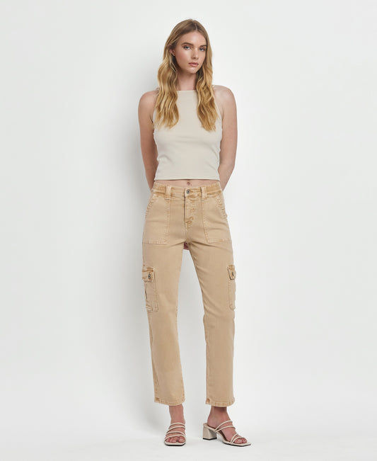 Front product images of Khaki- High Rise Cargo Straight Jeans