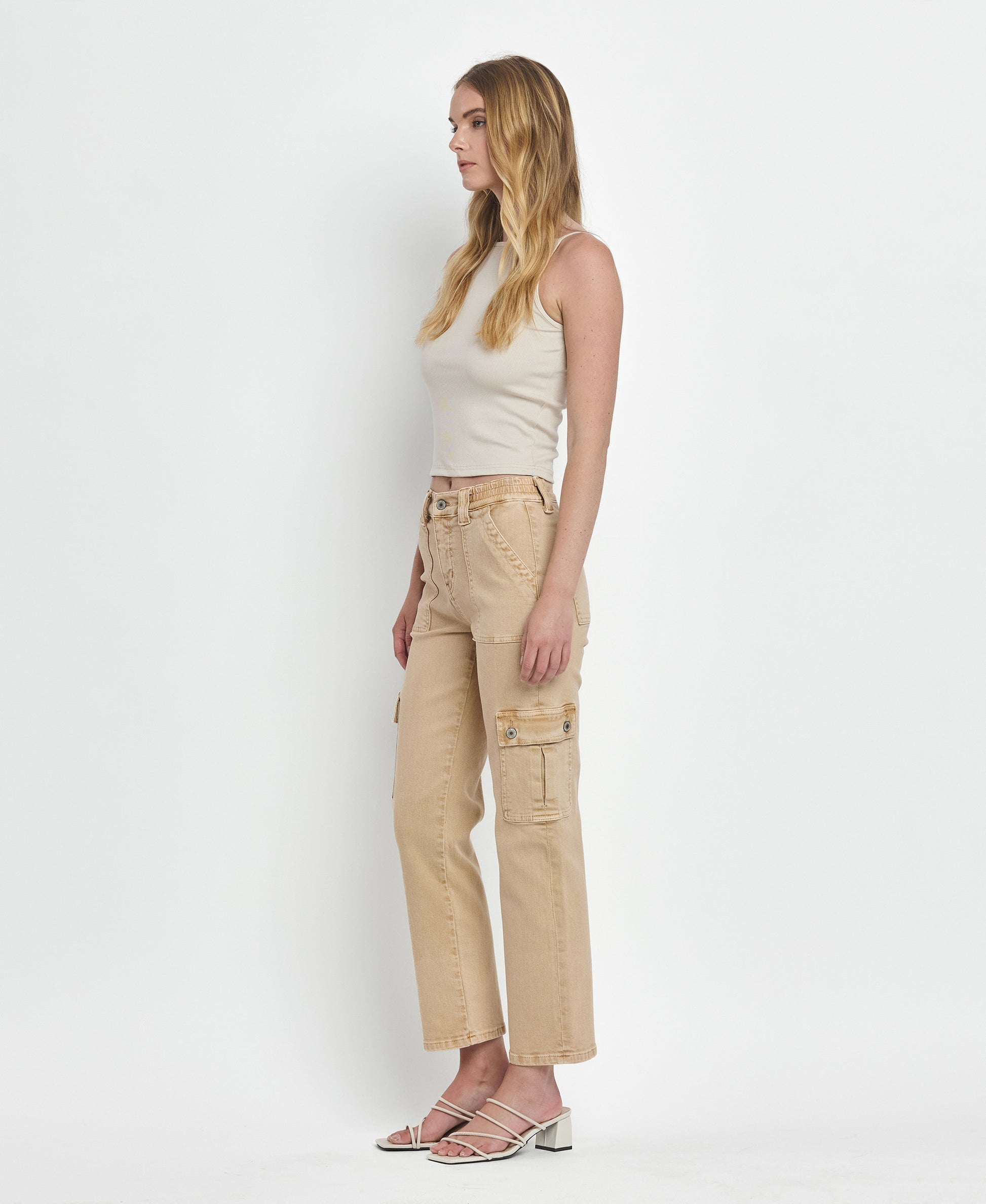 Left 45 degrees product image of Khaki- High Rise Cargo Straight Jeans