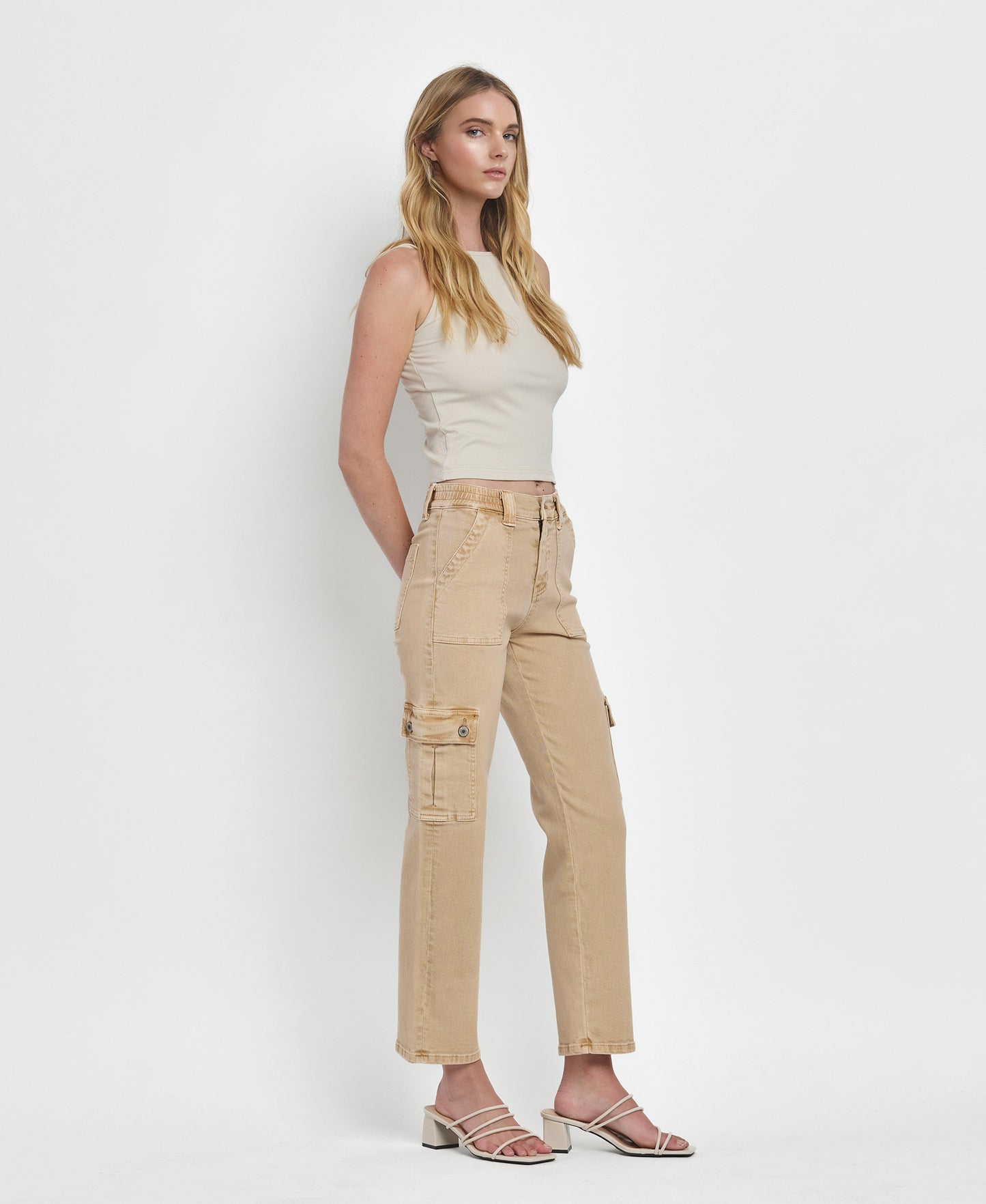 Right 45 degrees product image of Khaki- High Rise Cargo Straight Jeans