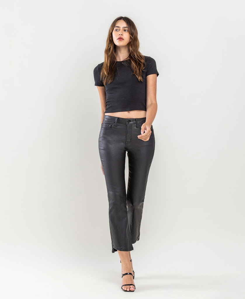 Front product images of Jet Black - High Rise Coated Crop Flare Jeans