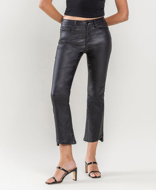 Front product images of Jet Black - High Rise Coated Crop Flare Jeans