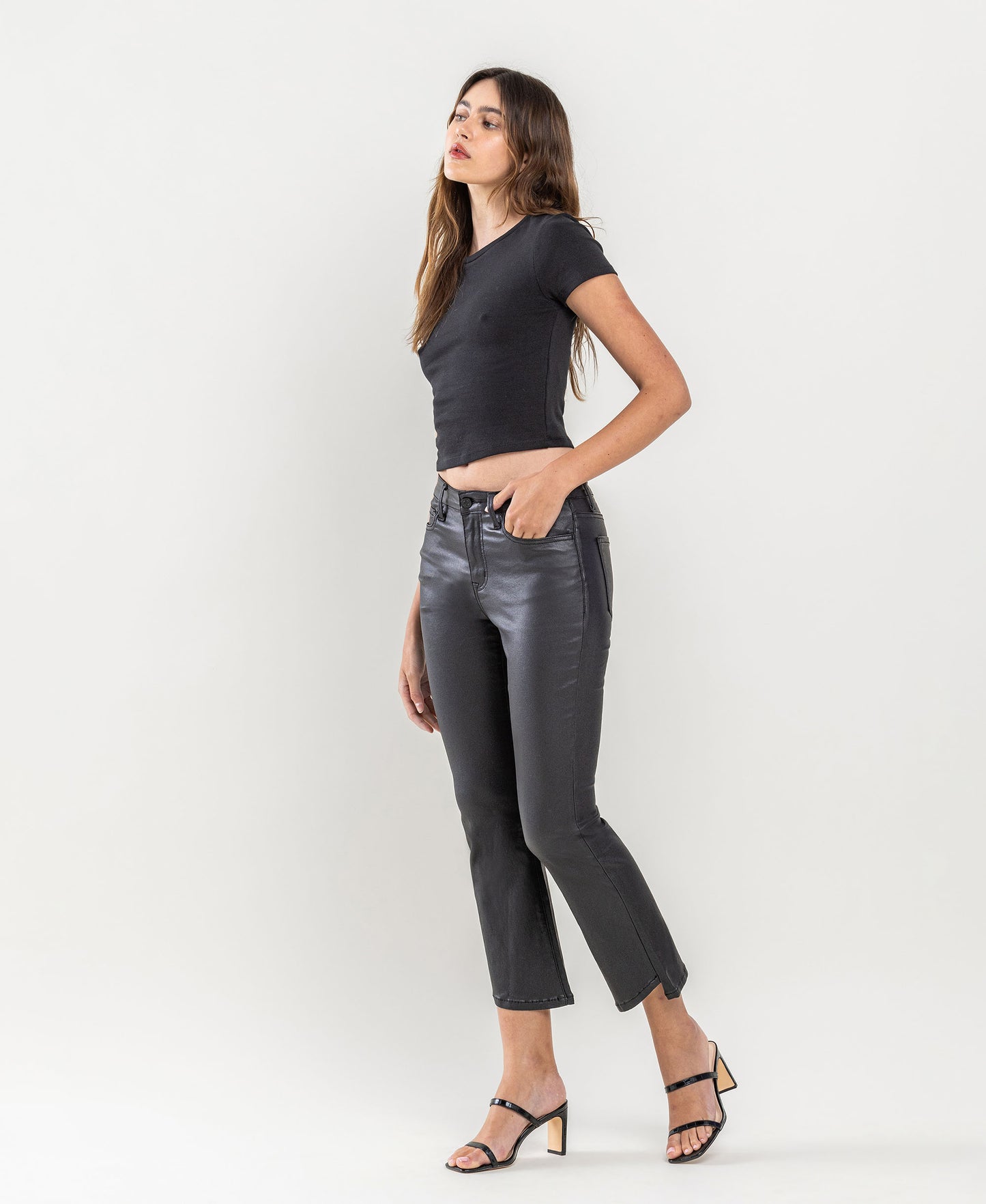 Left 45 degrees product image of Jet Black - High Rise Coated Crop Flare Jeans