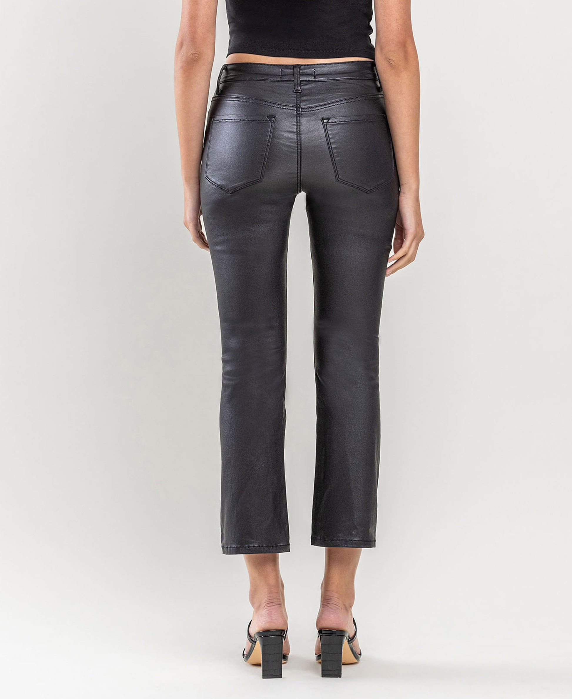 Back product images of Jet Black - High Rise Coated Crop Flare Jeans