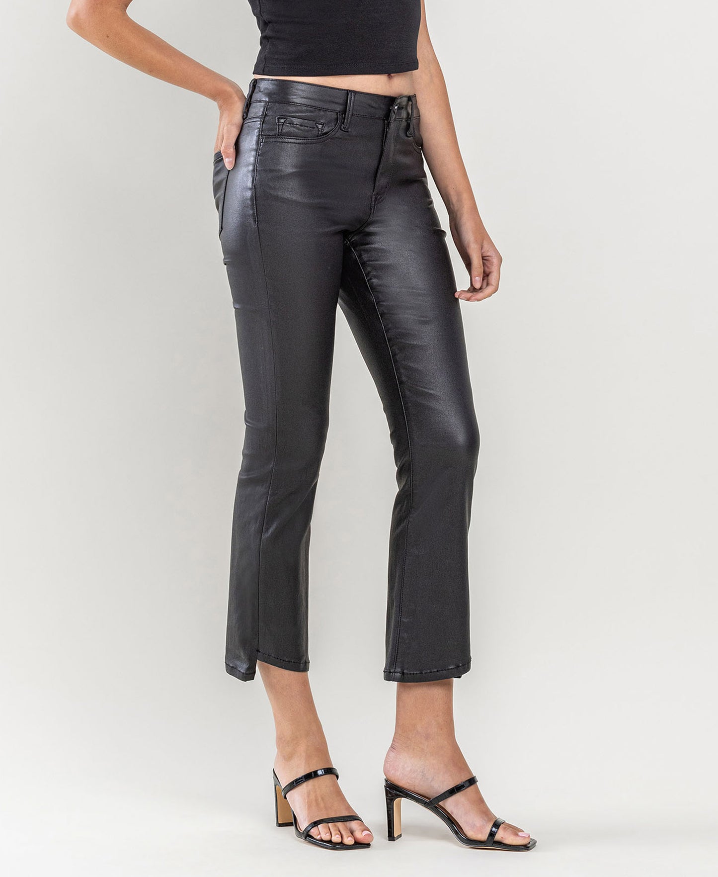 Right 45 degrees product image of Jet Black - High Rise Coated Crop Flare Jeans