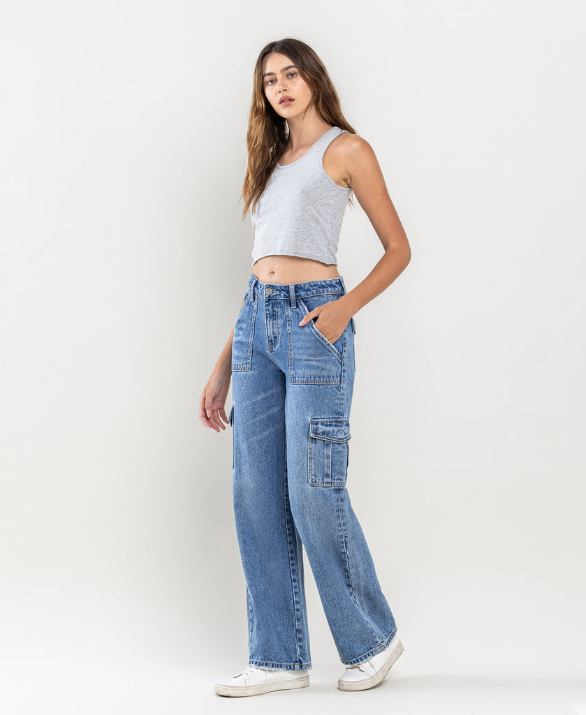 Left 45 degrees product image of Flatter - Mid Rise Cargo Wide Leg Jeans