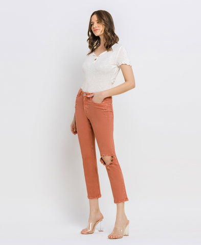 Left 45 degrees product image of Copper Brown - High Rise Cropped Slim Straight Jeans