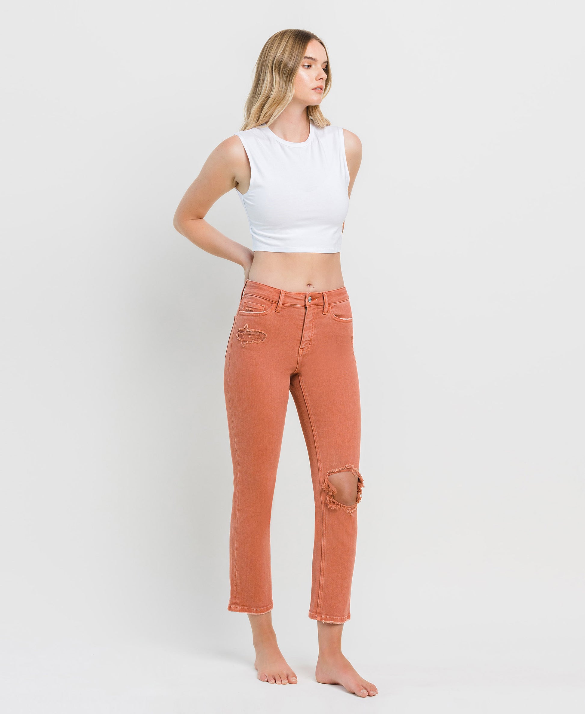 Right 45 degrees product image of Copper Brown - High Rise Crop Slim Straight Jeans