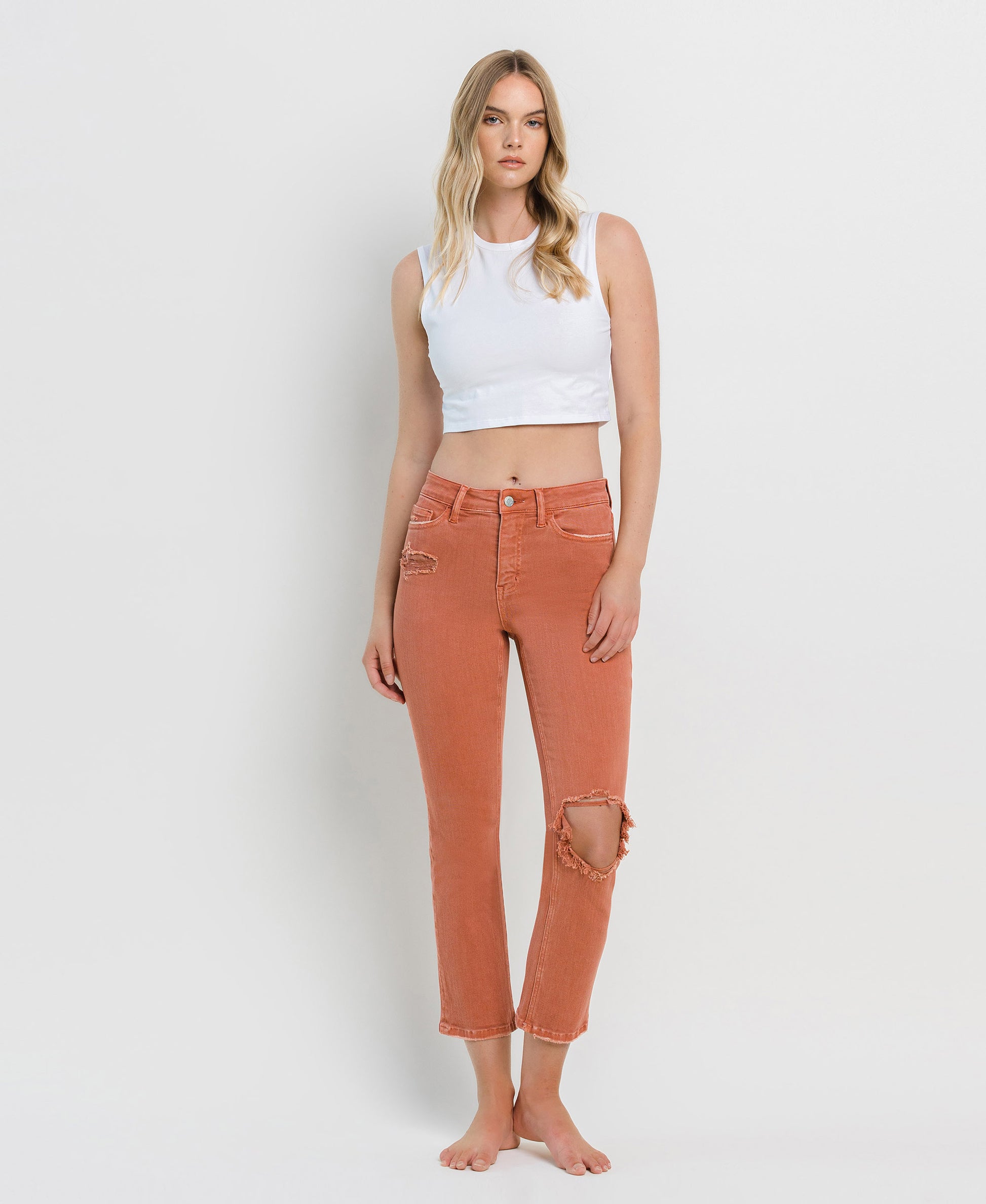 Front product images of Copper Brown - High Rise Crop Slim Straight Jeans