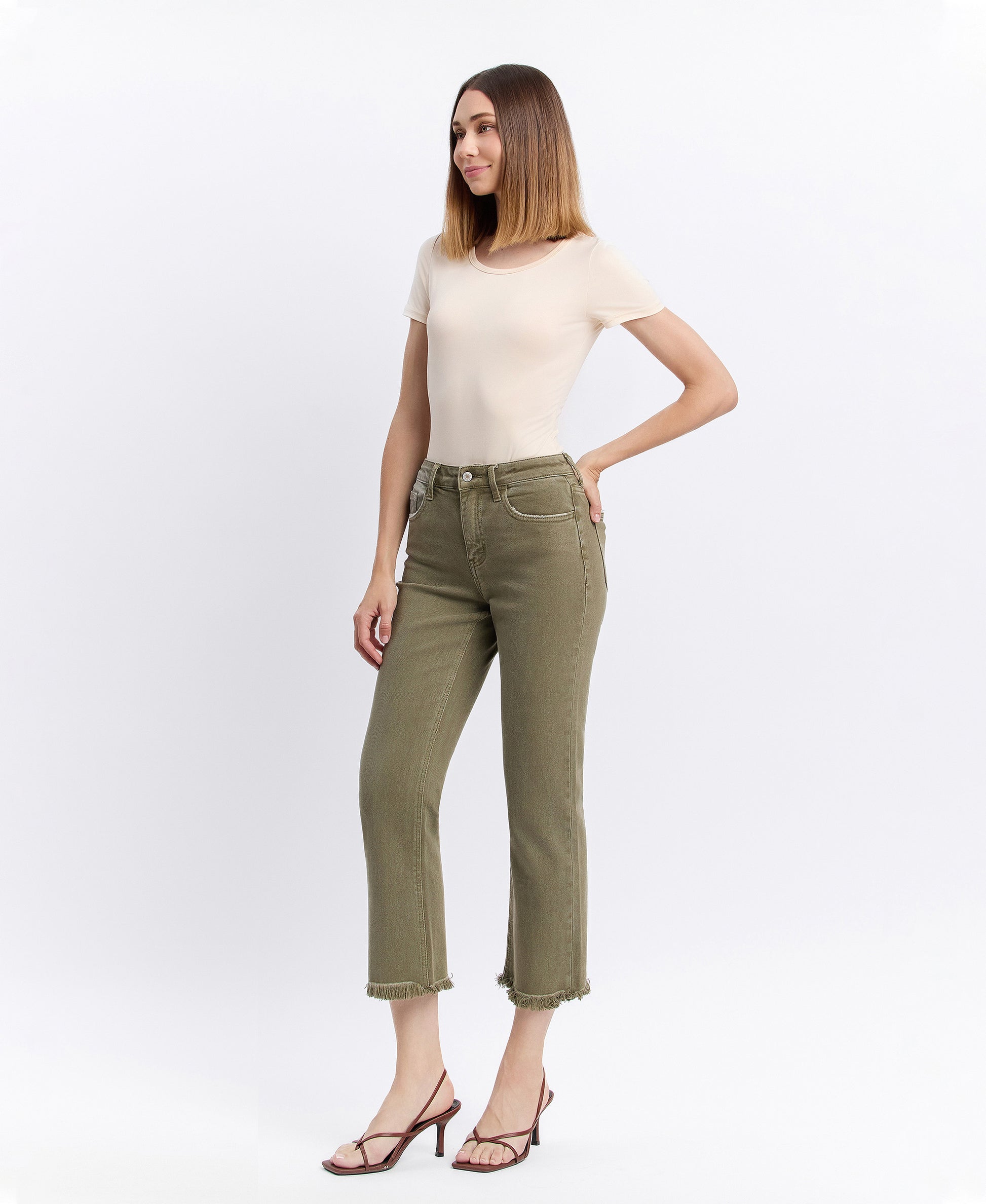 Left 45 degrees product image of Deep Lichen Green - High Rise Raw Cropped Straight Jeans