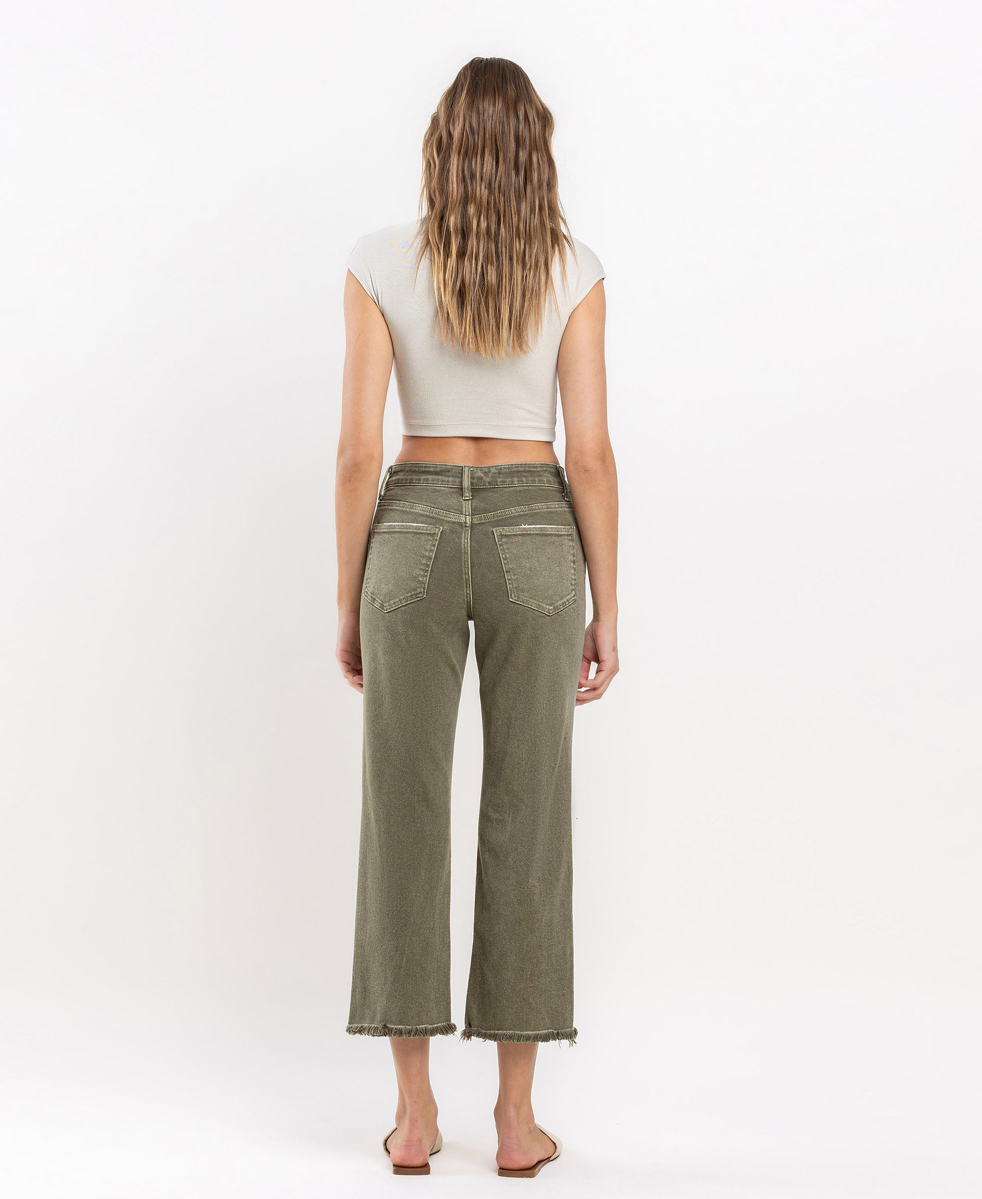 Back product images of Deep Lichen Green - High Rise Raw Cropped Straight Jeans