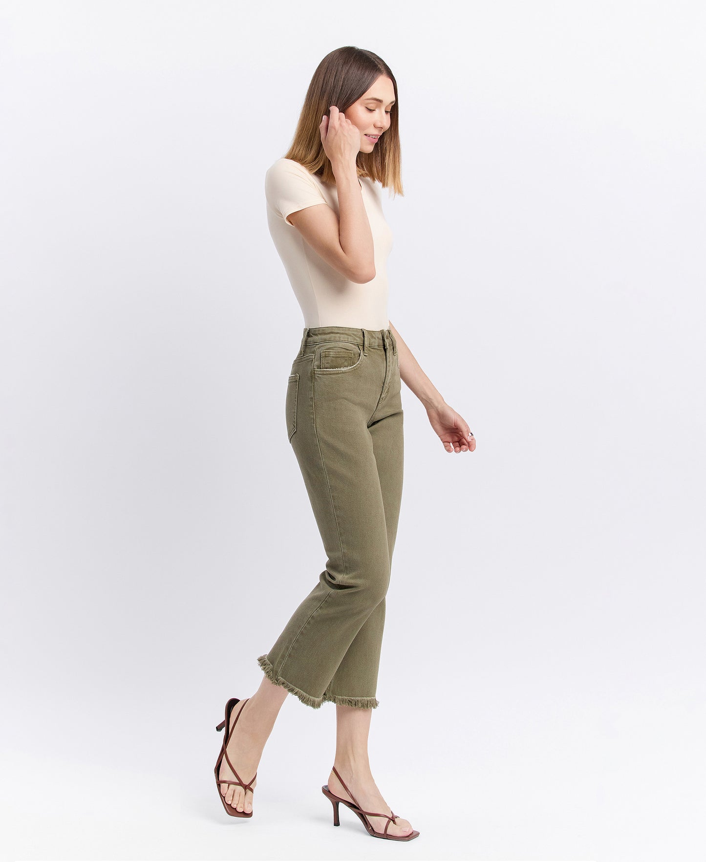 Right 45 degrees product image of Deep Lichen Green - High Rise Raw Cropped Straight Jeans