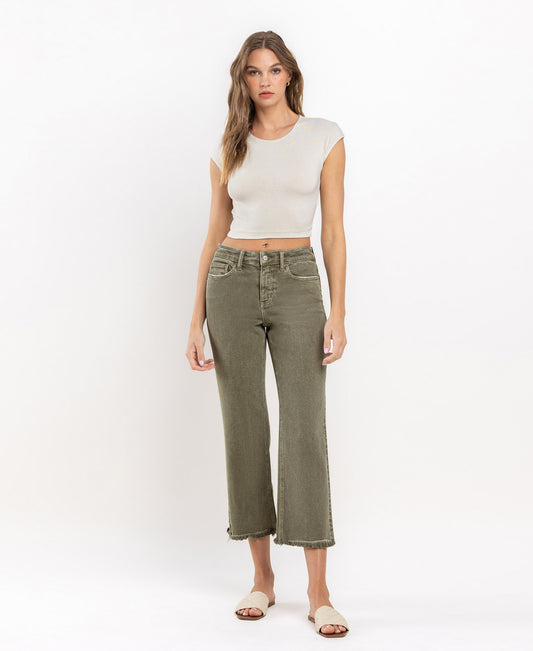 Front product images of Deep Lichen Green - High Rise Raw Cropped Straight Jeans