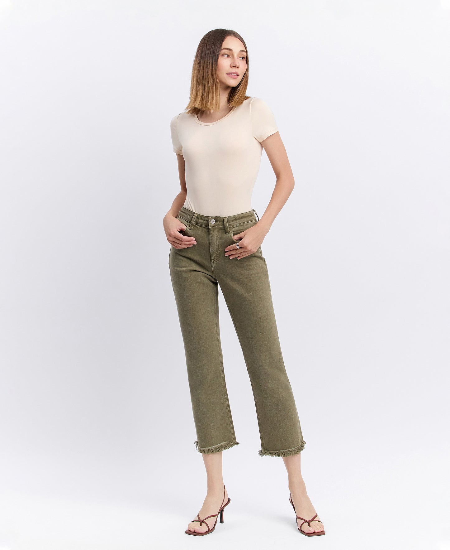 Front product images of Deep Lichen Green - High Rise Raw Cropped Straight Jeans