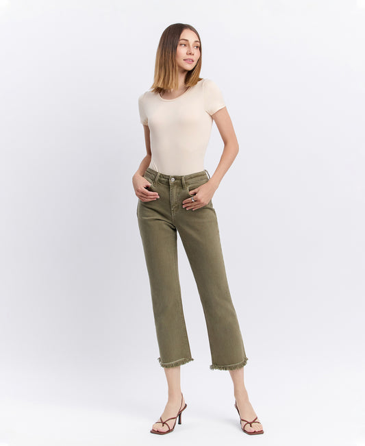 Front product images of Deep Lichen Green - High Rise Raw Cropped Straight Jeans