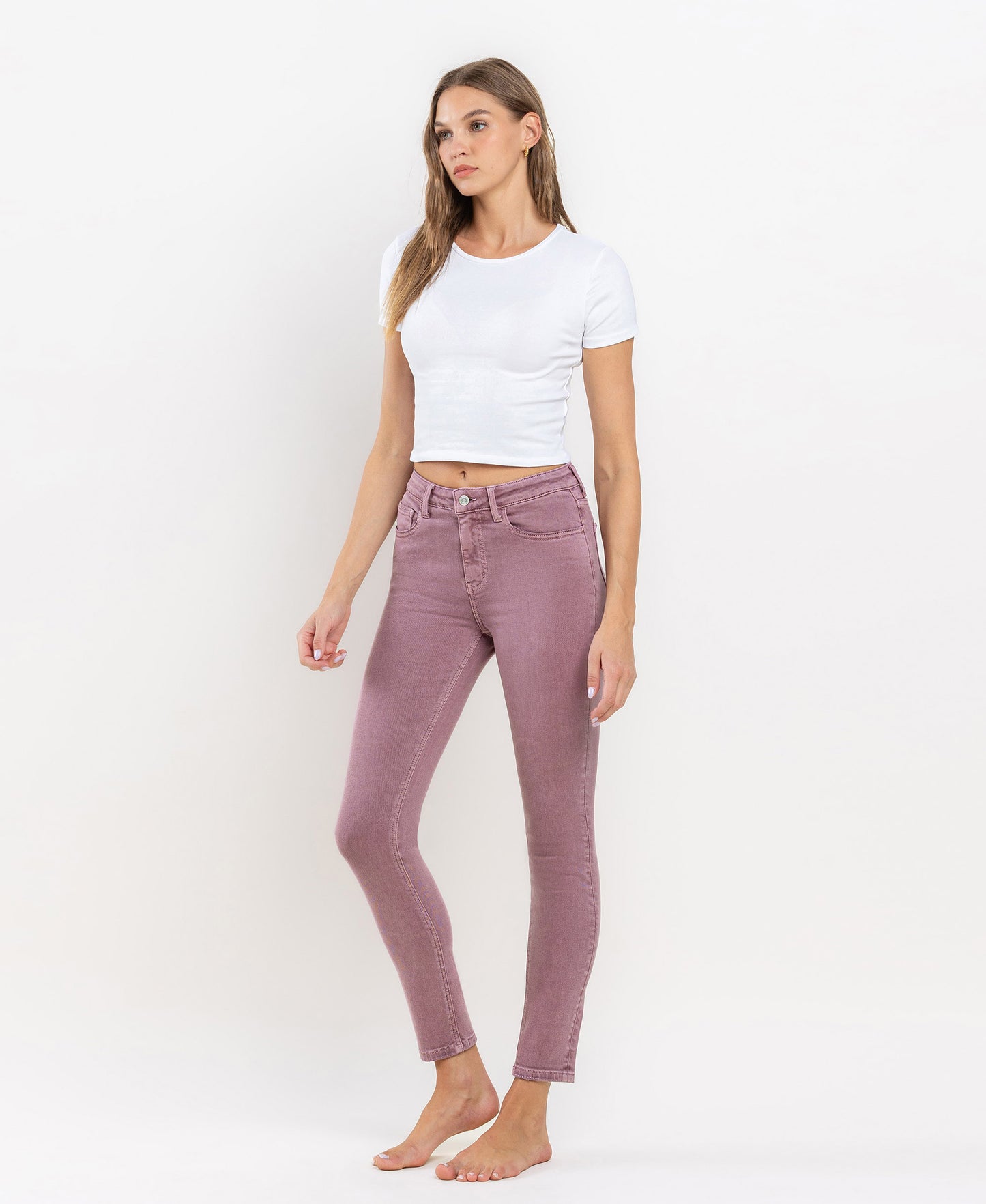 Left side product images of Wistful Mauve - High Rise Ankle Skinny Jeans