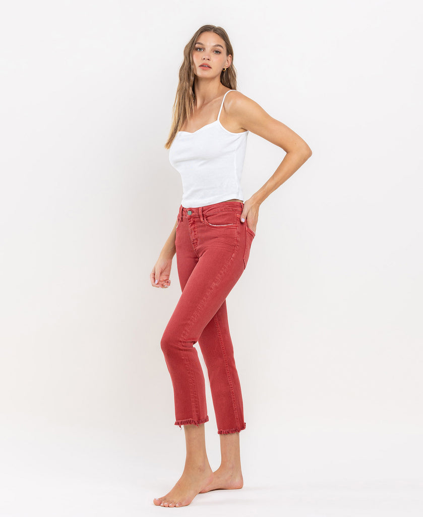 Left 45 degrees product image of Pompeian Red - Mid Rise Frayed Hem Crop Slim Straight Jeans