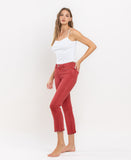 Left 45 degrees product image of Pompeian Red - Mid Rise Frayed Hem Crop Slim Straight Jeans