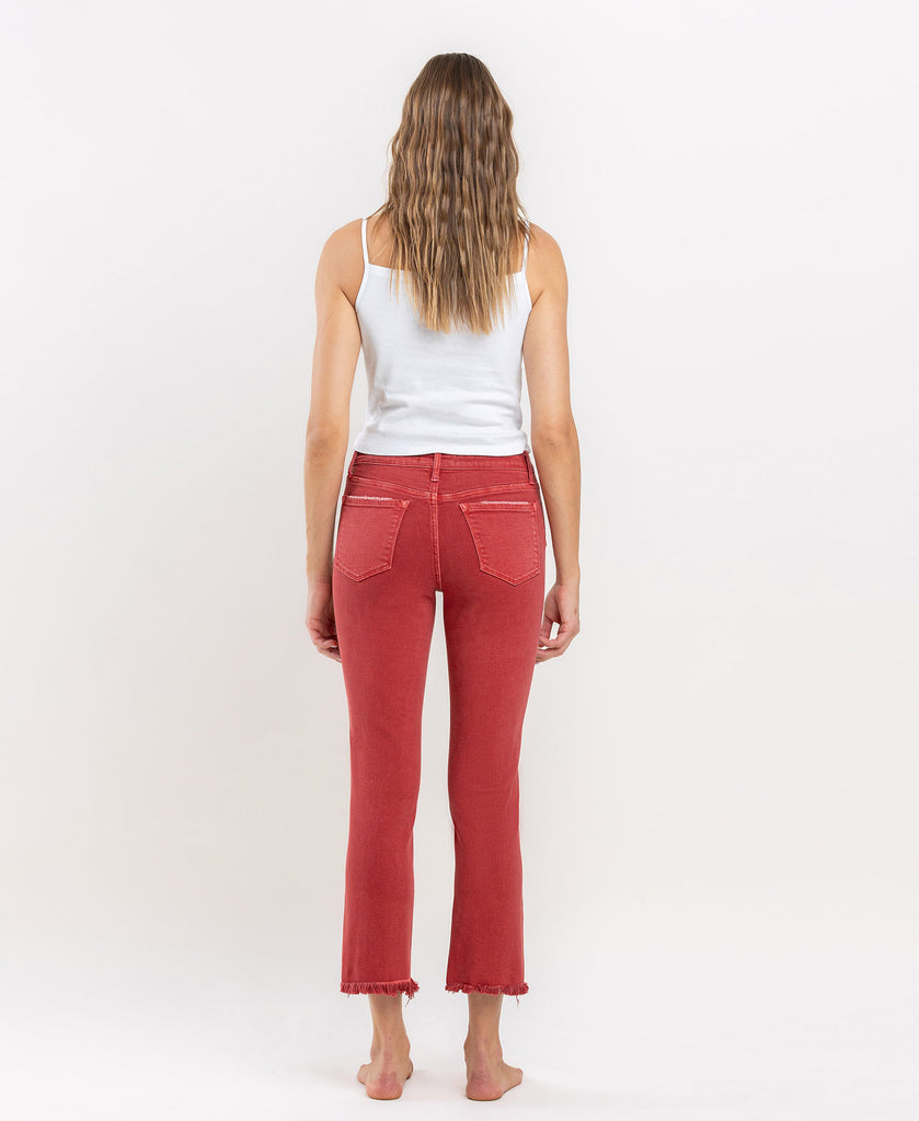 Back product images of Pompeian Red - Mid Rise Frayed Hem Crop Slim Straight Jeans