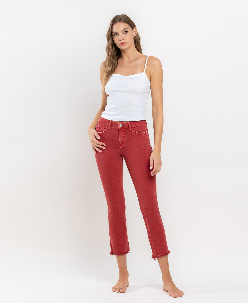 Front product images of Pompeian Red - Mid Rise Frayed Hem Crop Slim Straight Jeans
