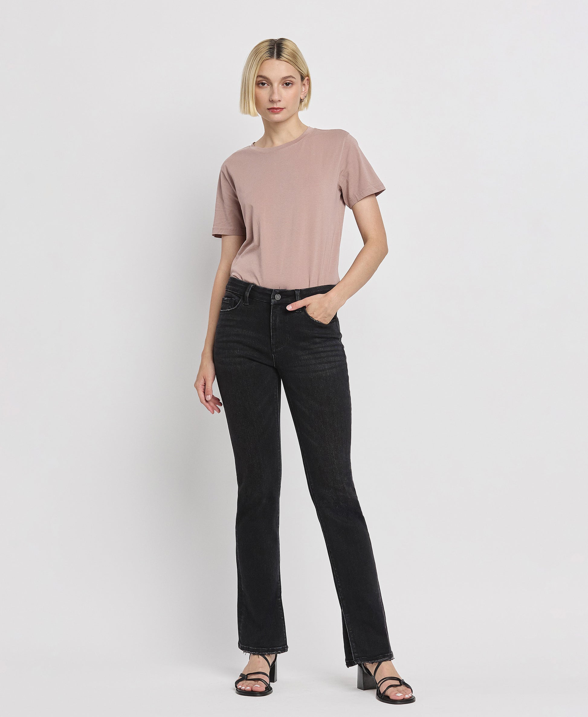 Front product images of Winsome - Mid Rise Slit Hem Bootcut Jeans
