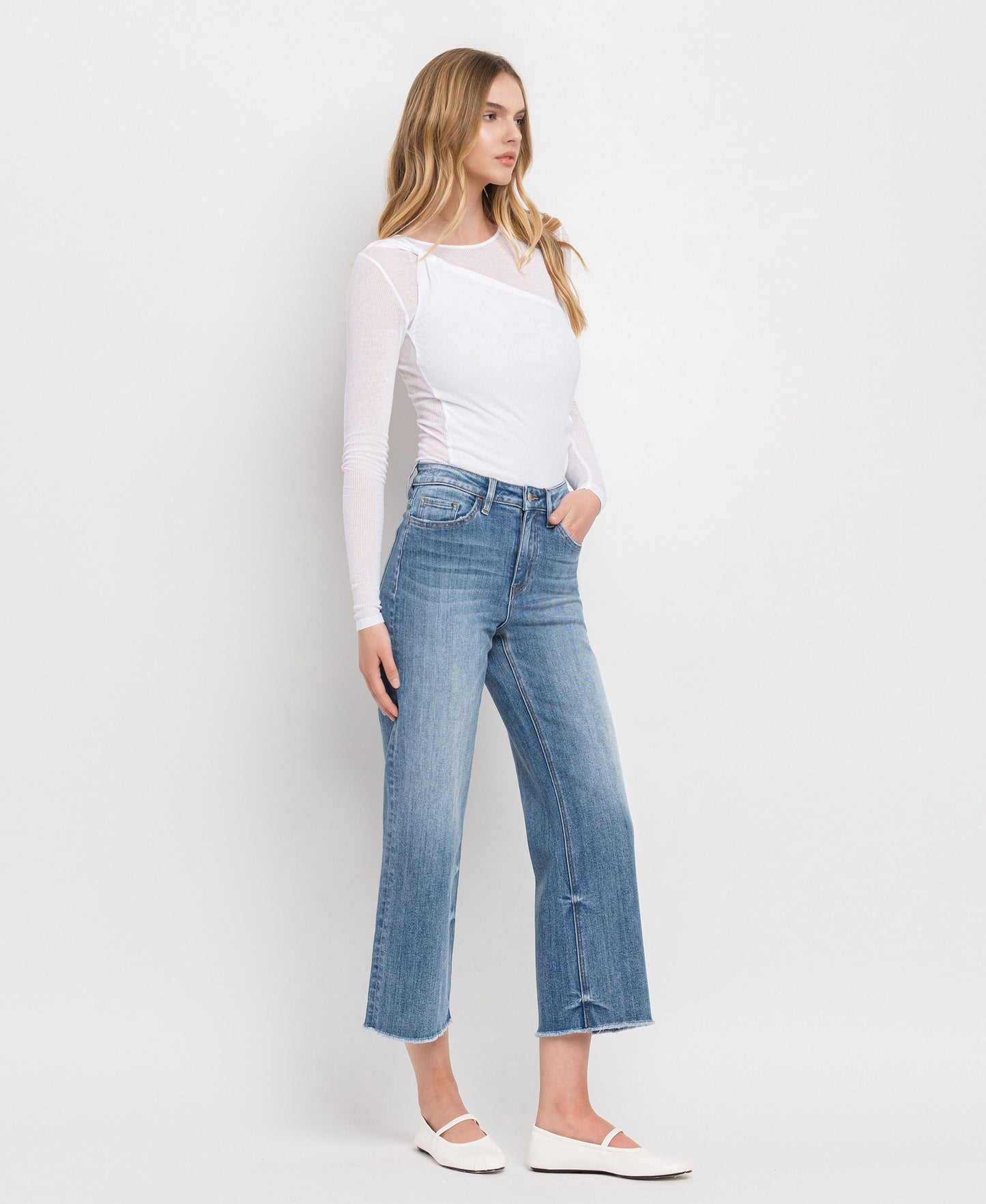 Right 45 degrees product image of Moonflower - Super High Rise Raw Hem Wide Leg Jeans