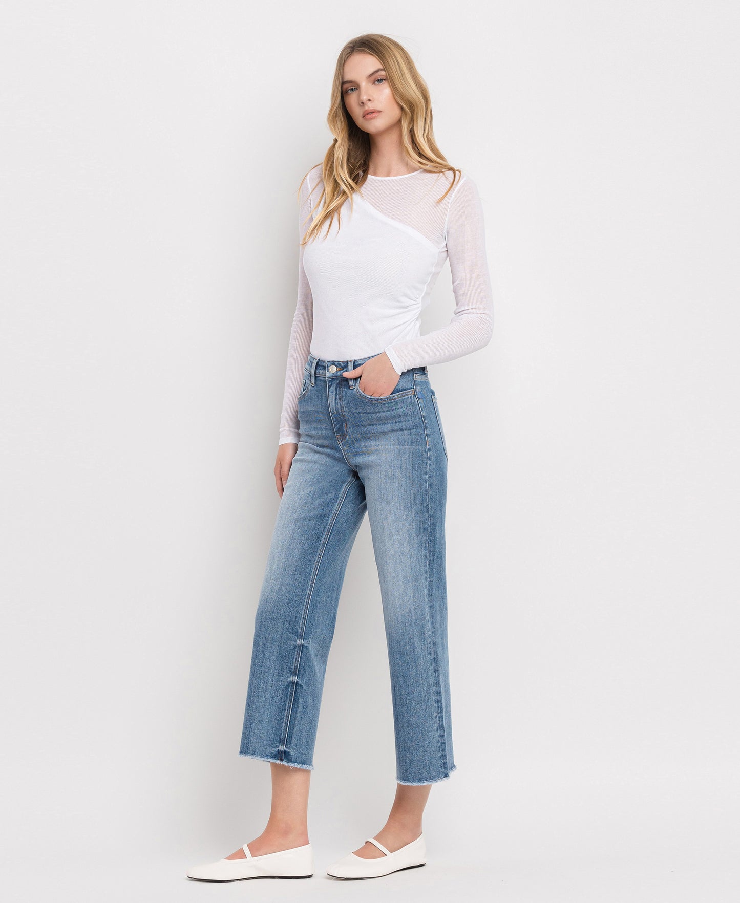 Left 45 degrees product image of Moonflower - Super High Rise Raw Hem Wide Leg Jeans