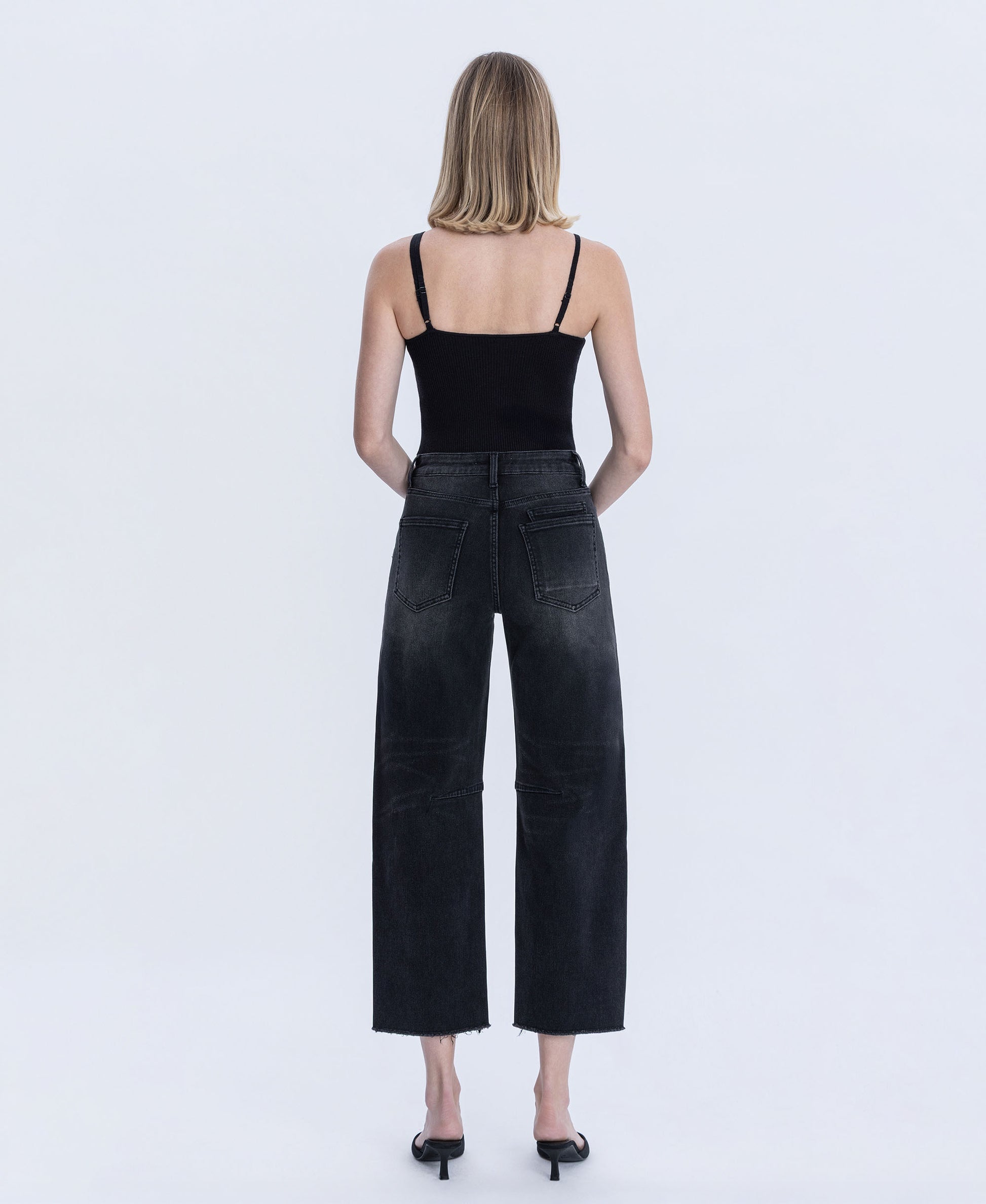 Back product images of Black - Super High Rise Raw Hem Crop Barrel Jeans