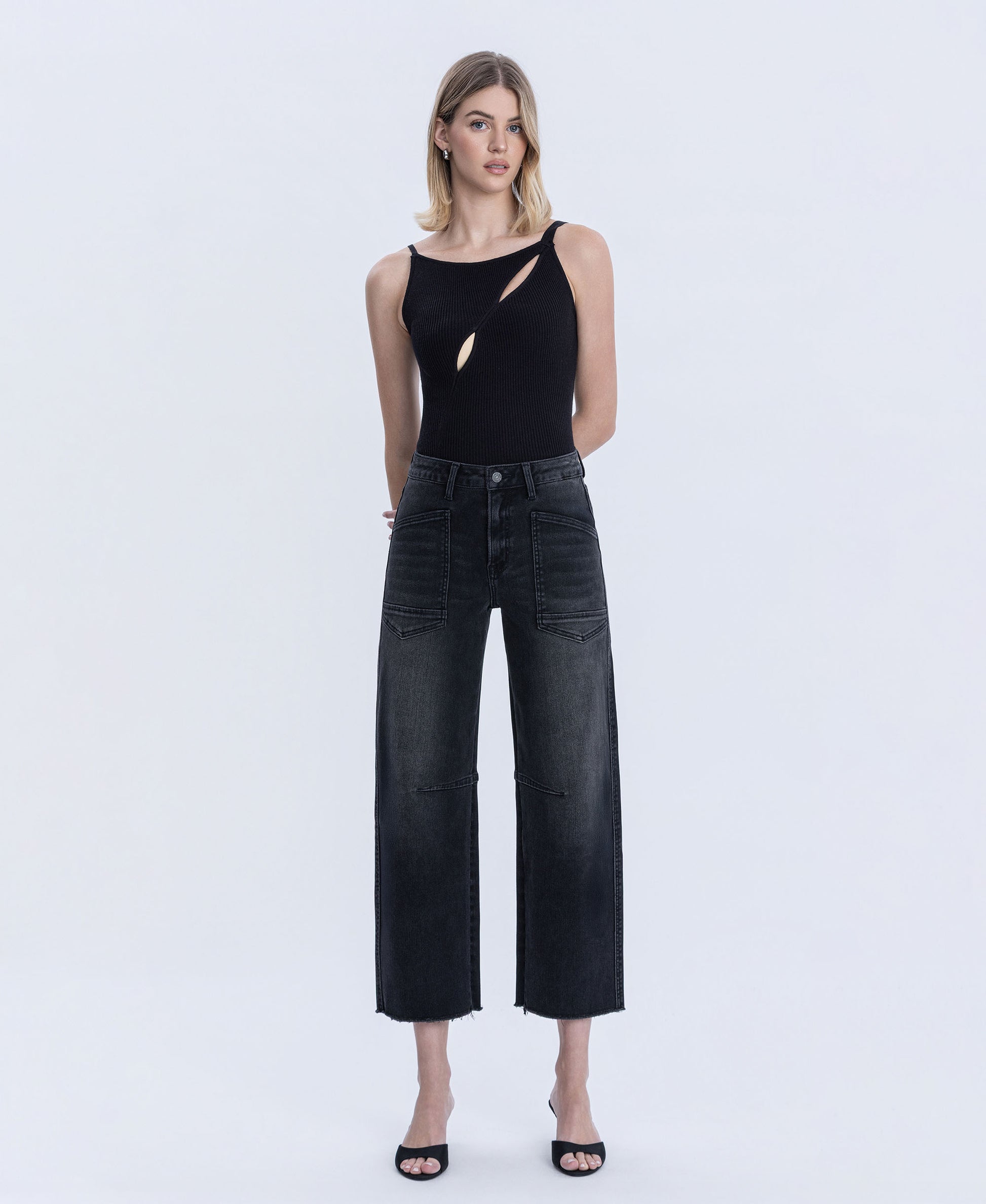 Front product images of Black - Super High Rise Raw Hem Crop Barrel Jeans