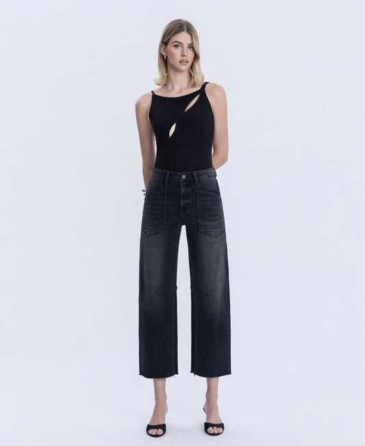 Front product images of Black - Super High Rise Raw Hem Crop Barrel Jeans