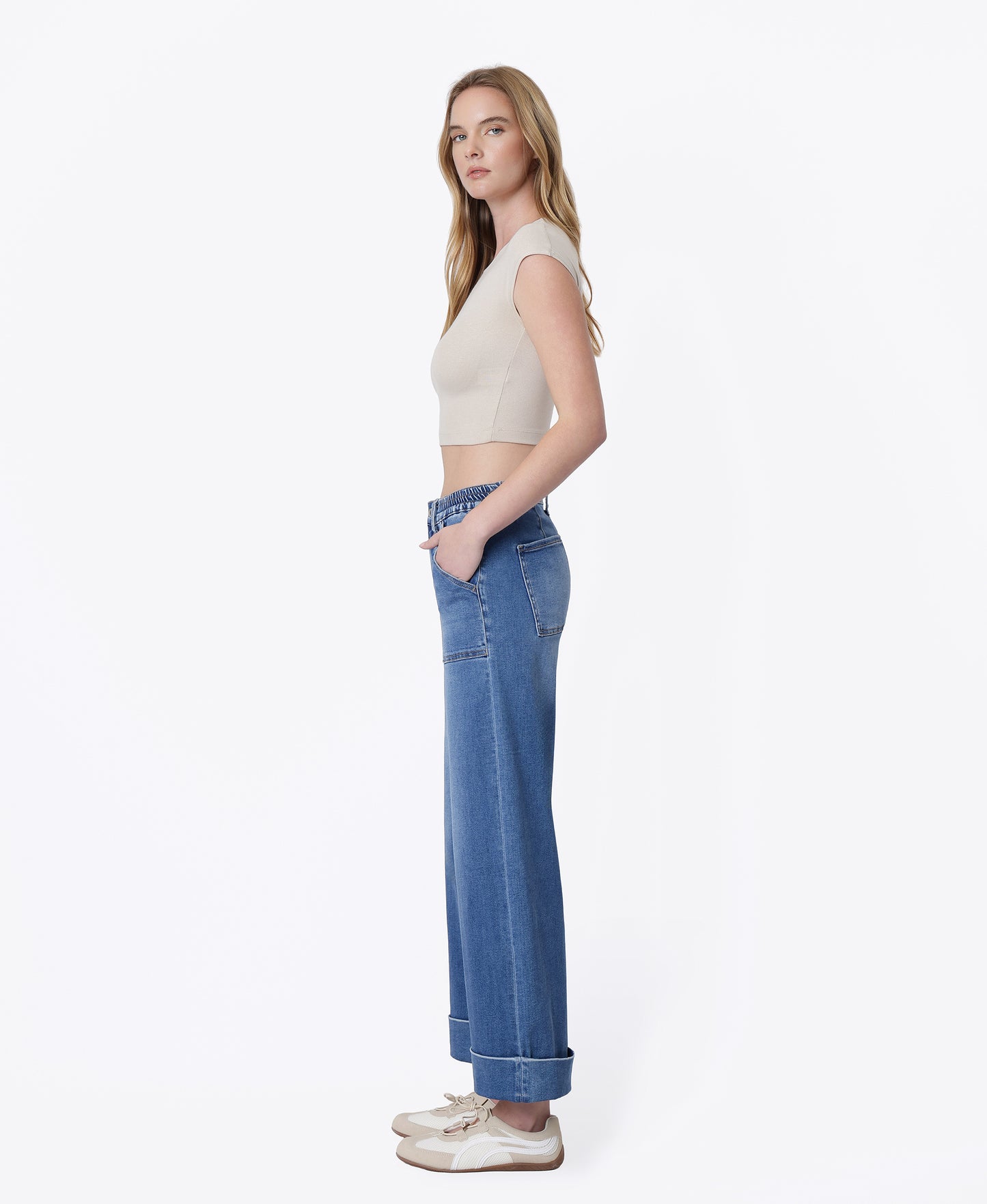 Left side product images of Enviably - High Rise Super Soft Cuffed Baggy Wide Leg Jeans
