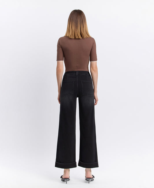 Back product images of Black - High Rise Cuffed Baggy Wide Leg Jeans