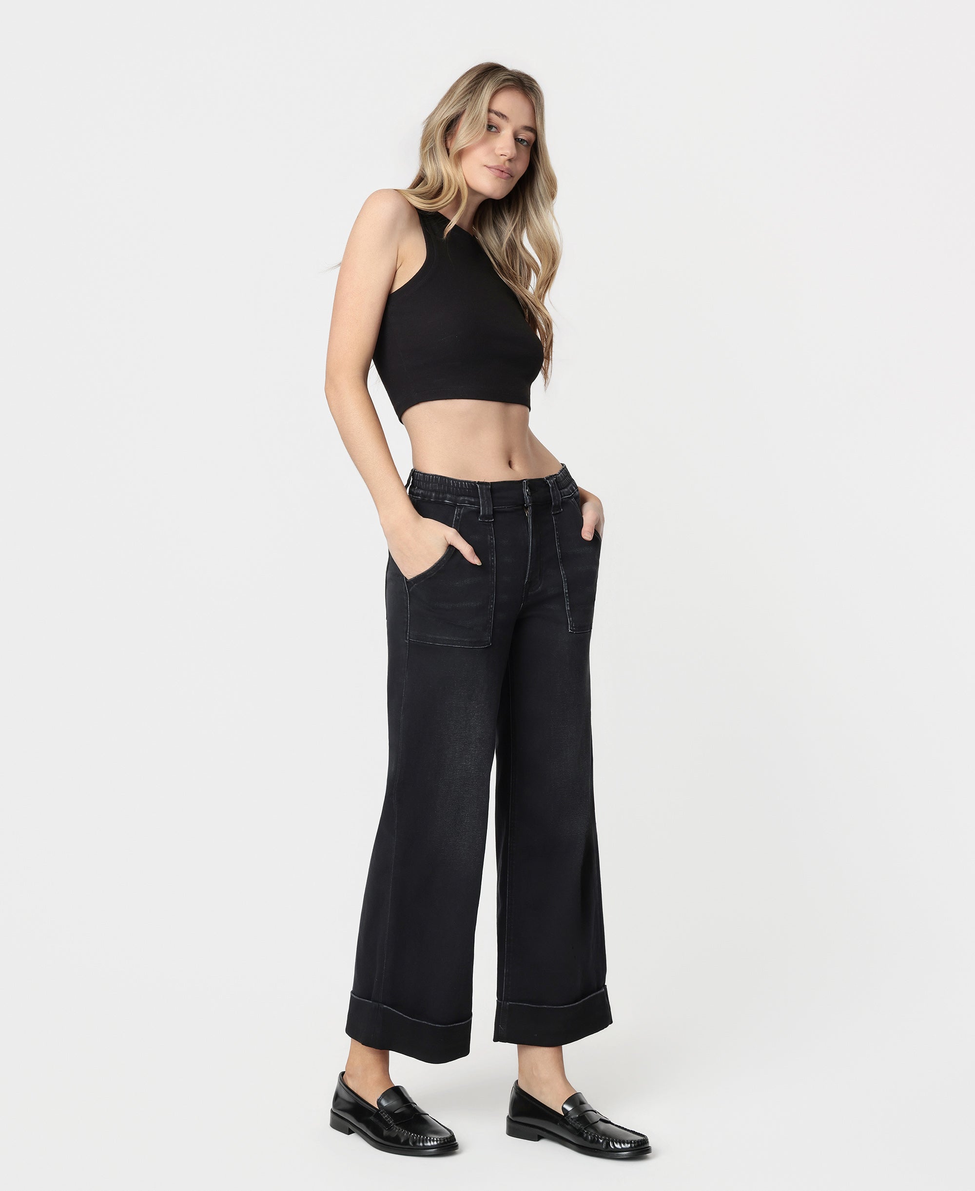 VERVET Black High Rise Cuffed Baggy Wide Leg Jeans