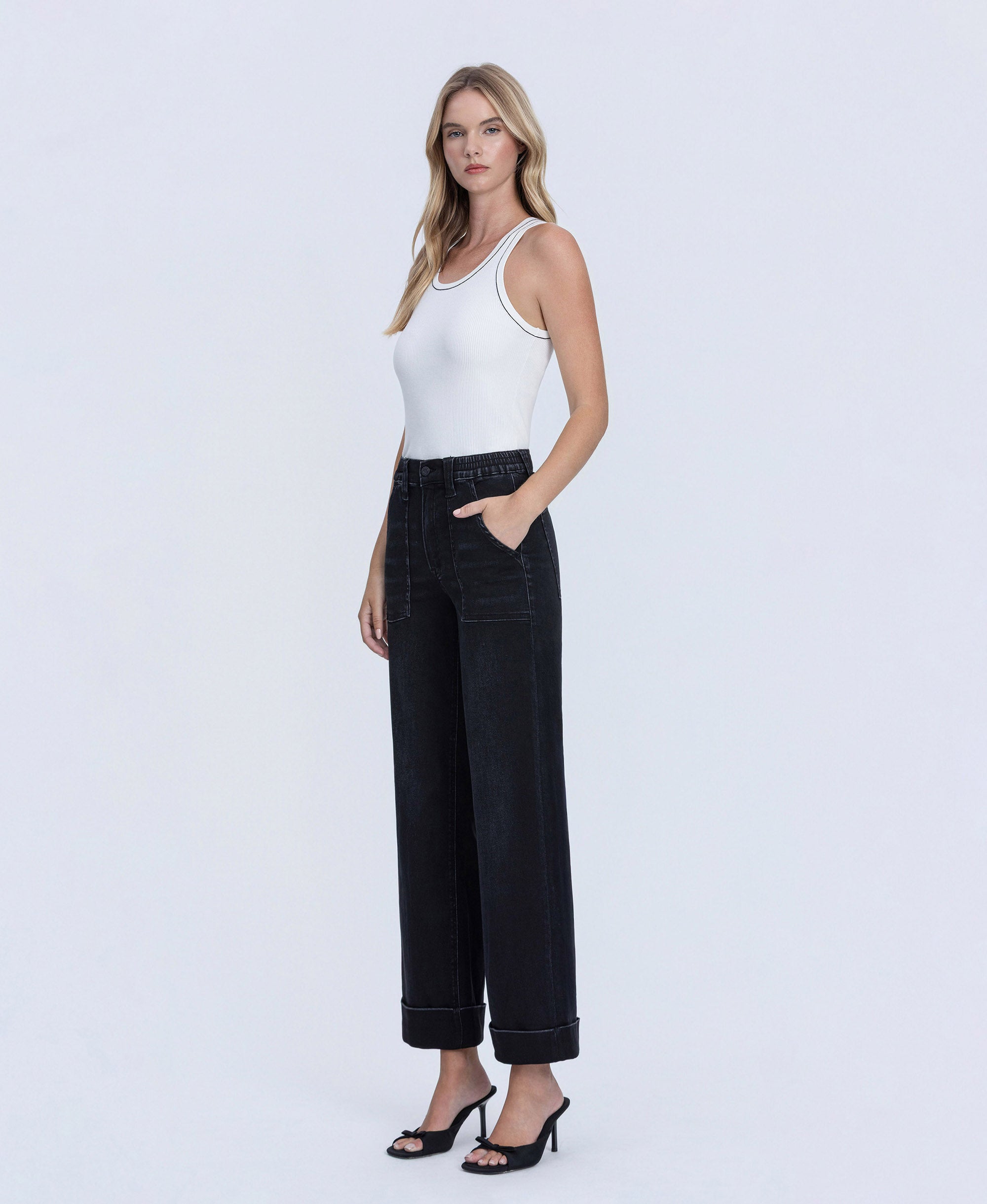 VERVET Black High Rise Cuffed Baggy Wide Leg Jeans