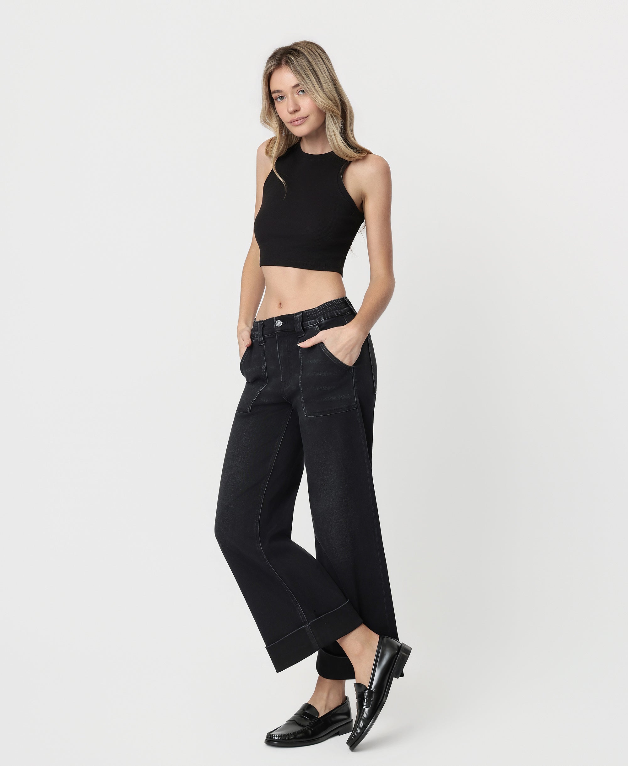 VERVET Black High Rise Cuffed Baggy Wide Leg Jeans