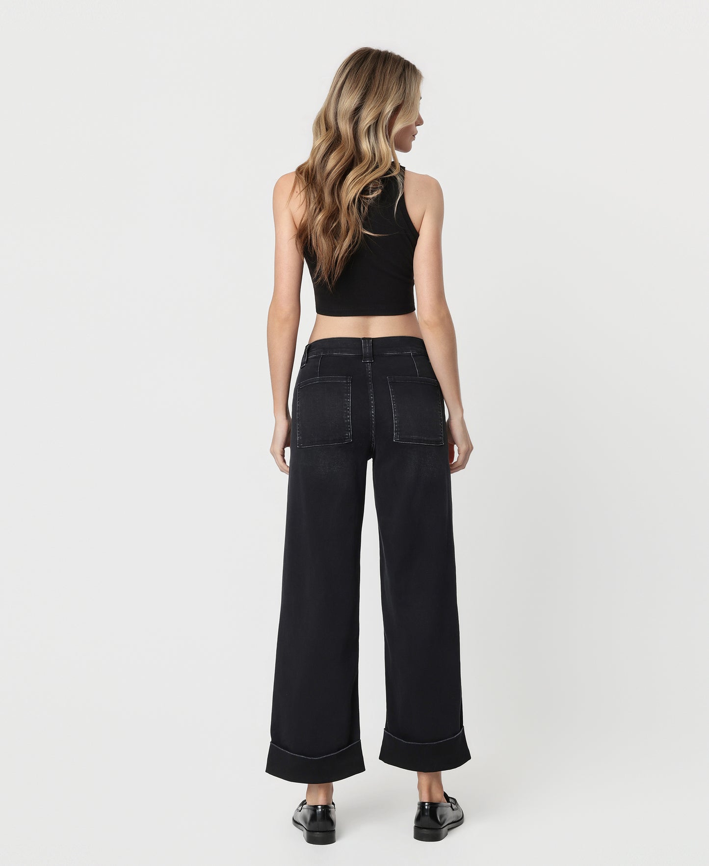 Back product images of Black - High Rise Cuffed Baggy Wide Leg Jeans