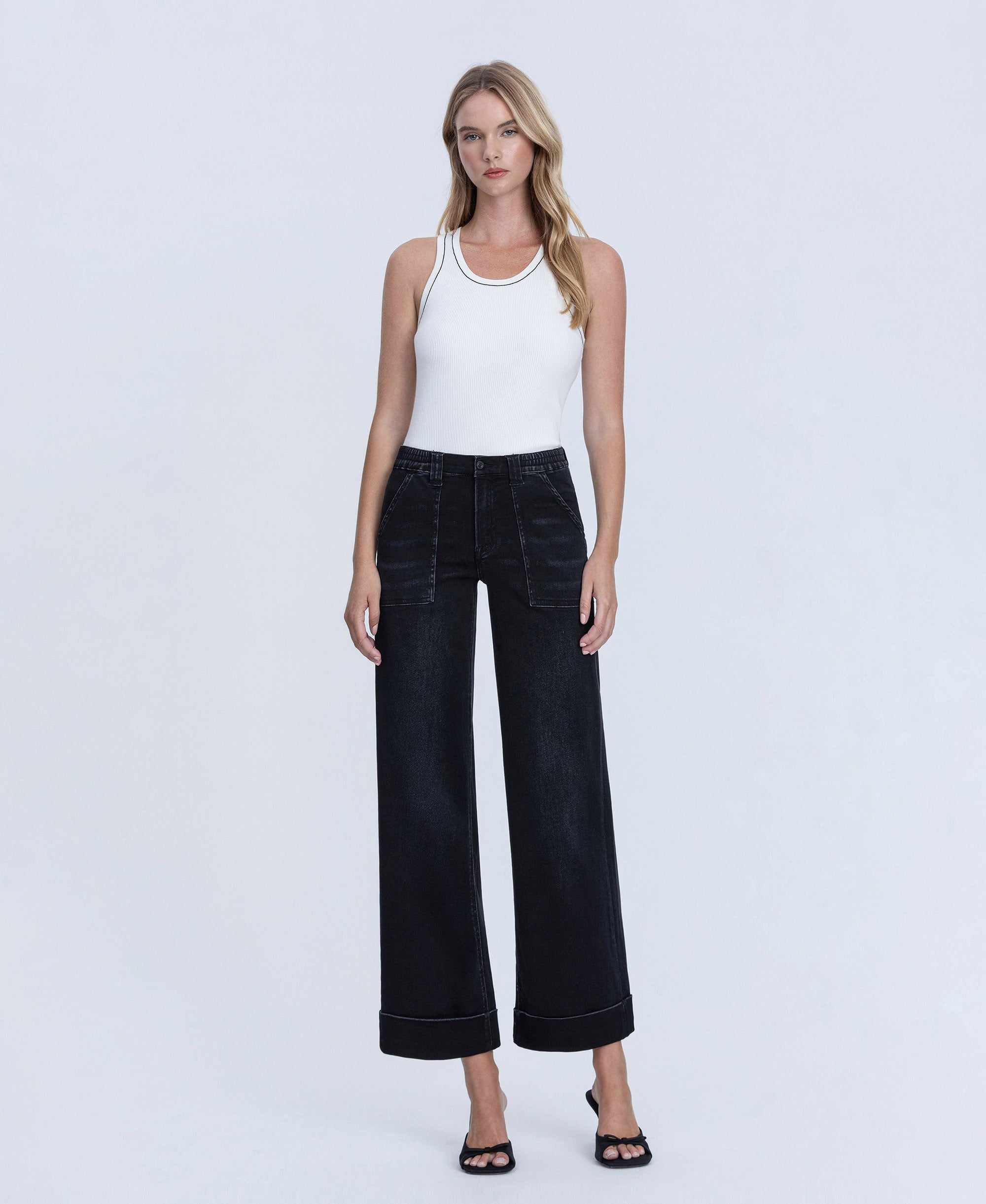 VERVET Black High Rise Cuffed Baggy Wide Leg Jeans