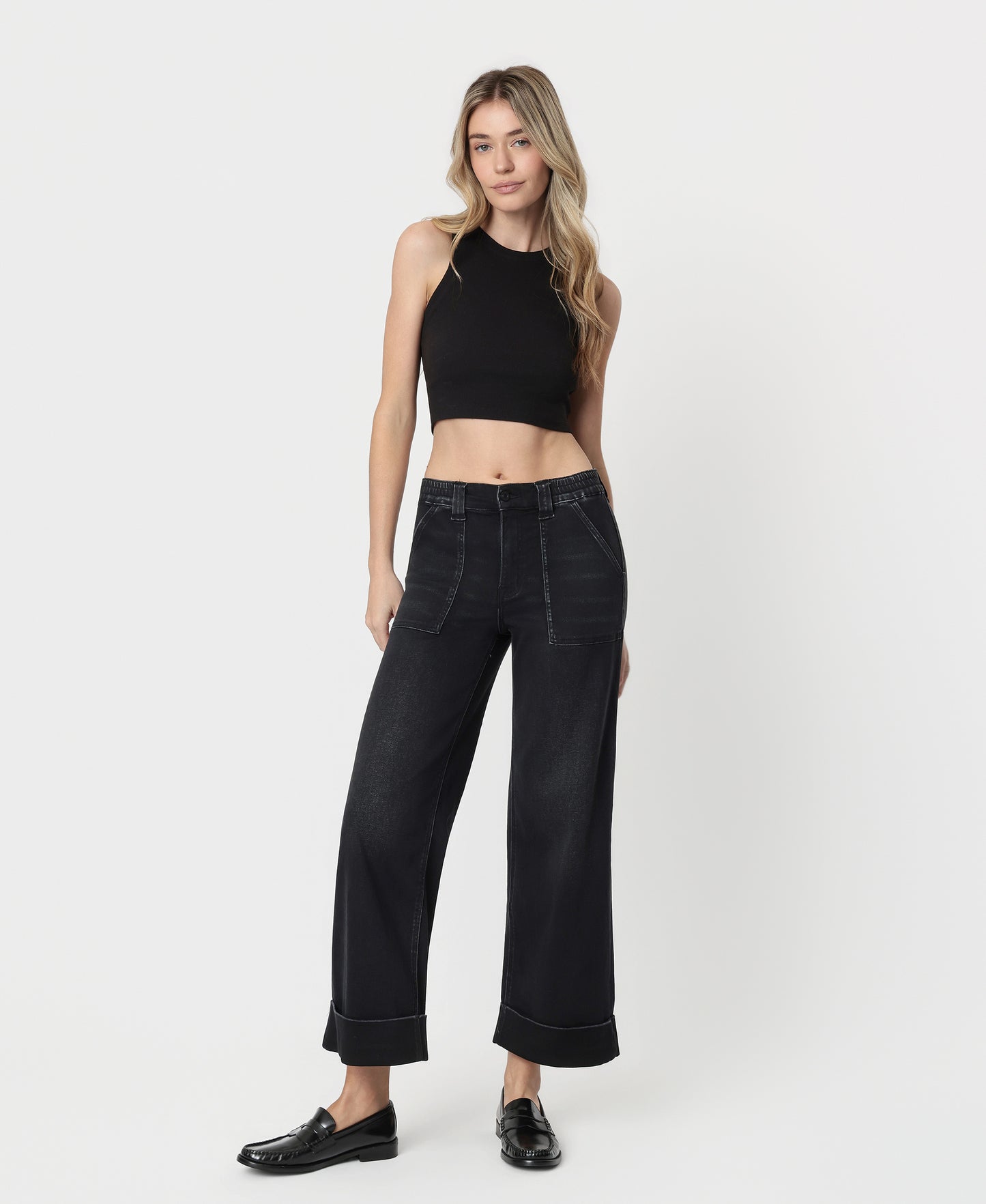 Front product images of Black - High Rise Cuffed Baggy Wide Leg Jeans