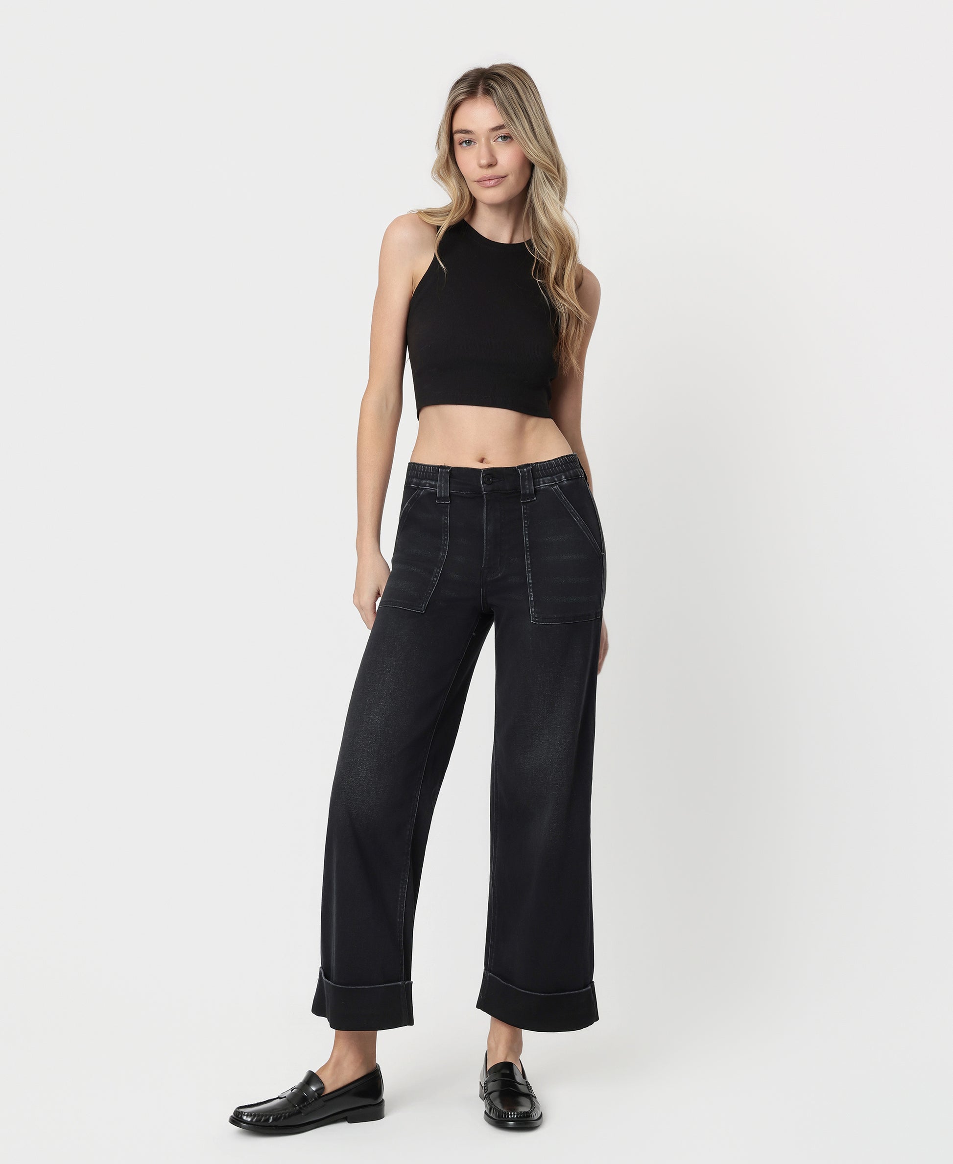 Front product images of Black - High Rise Cuffed Baggy Wide Leg Jeans