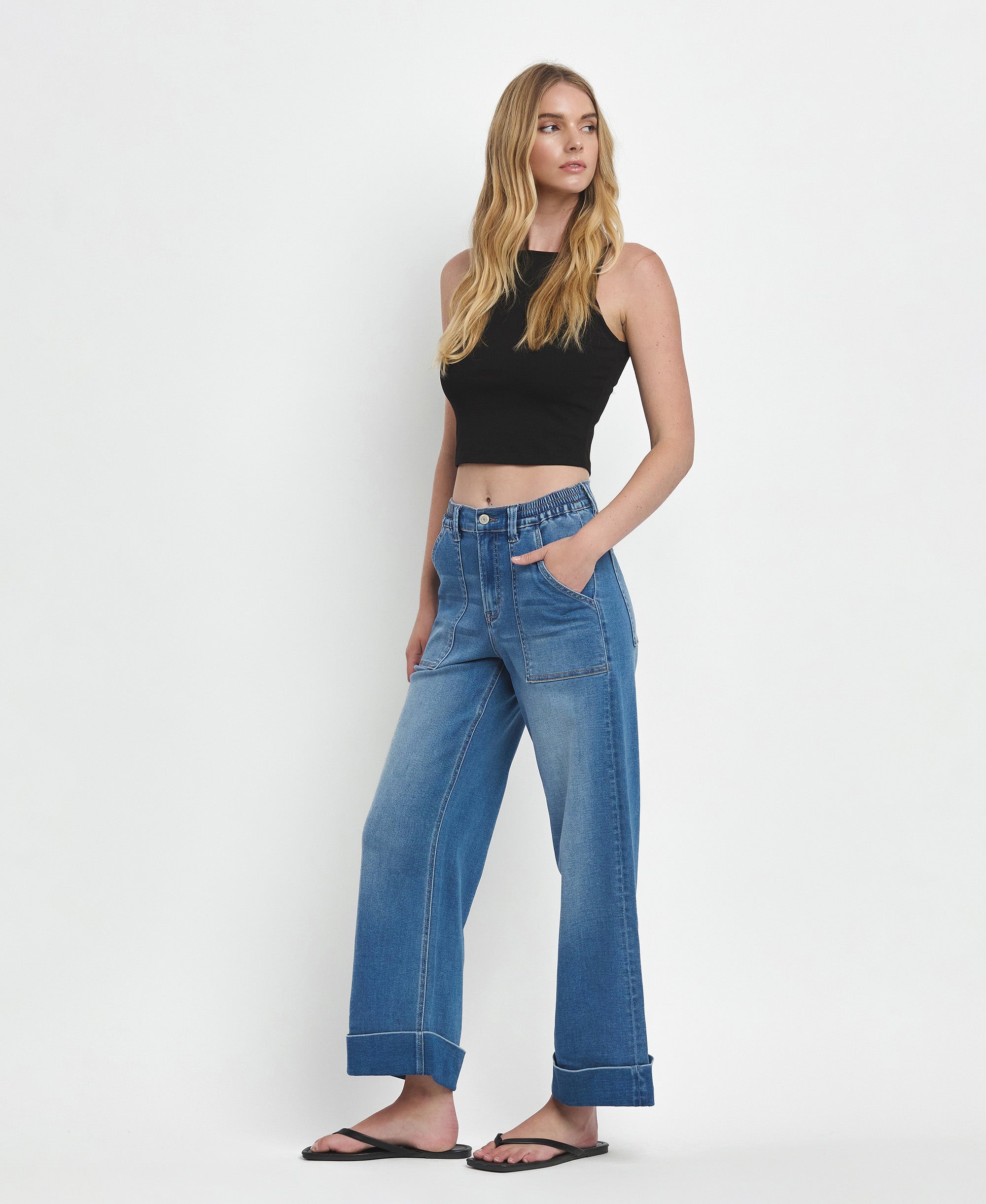 VERVET Enviably High Rise Cuffed Baggy Wide Leg Jeans