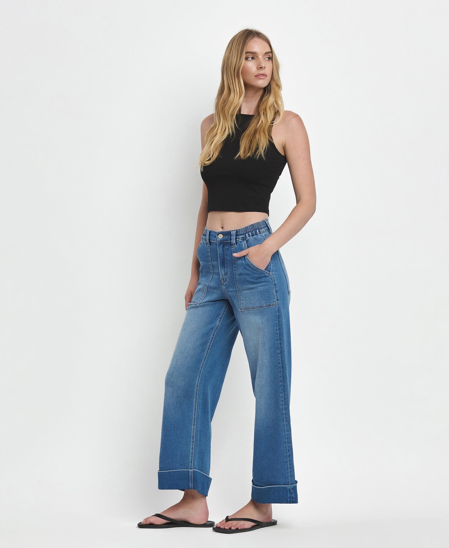 Left 45 degrees product image of Enviably - High Rise Cuffed Baggy Wide Leg Jeans