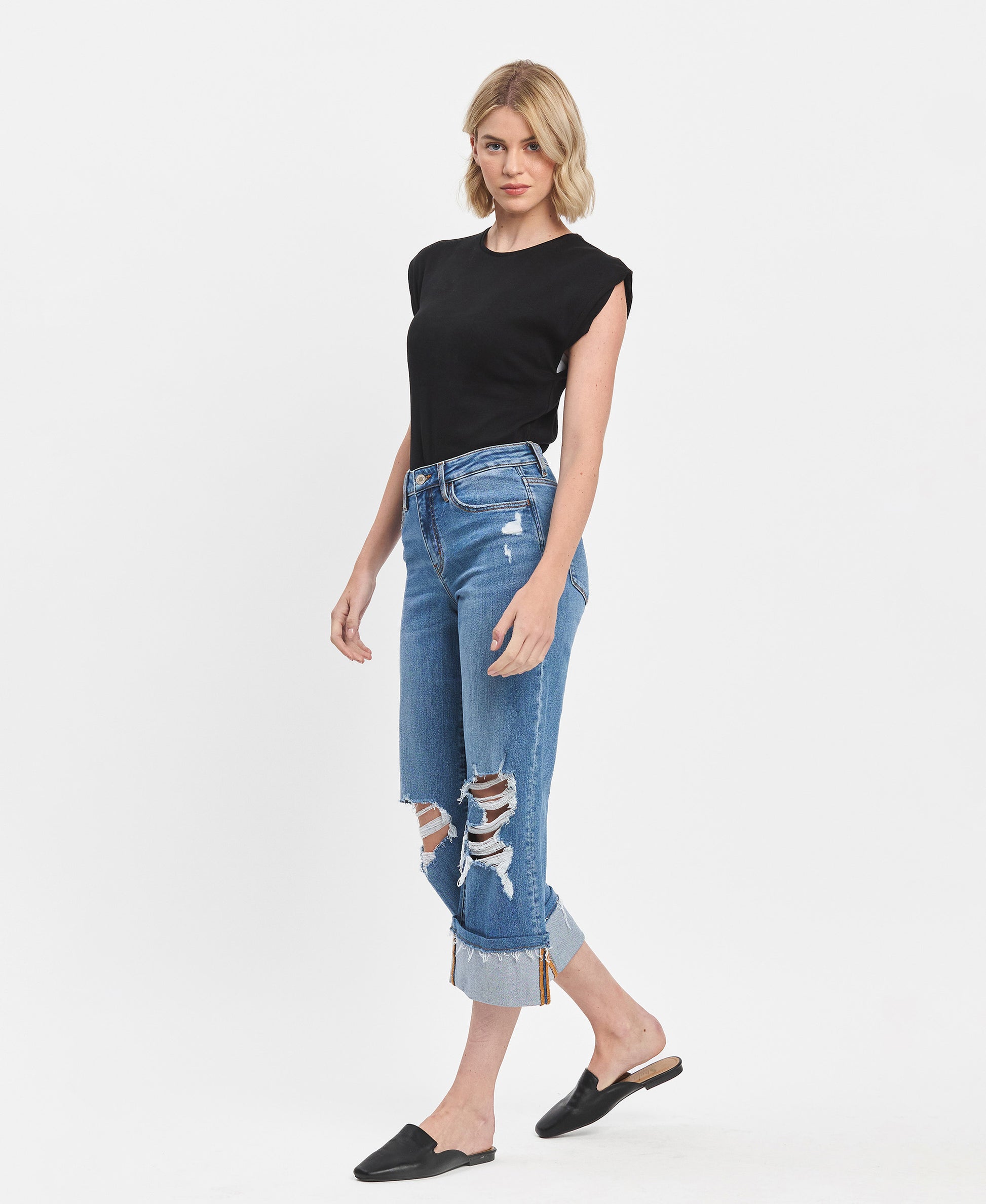 Left 45 degrees product image of Attendant - High Rise Cuffed Crop Wide Leg Jeans