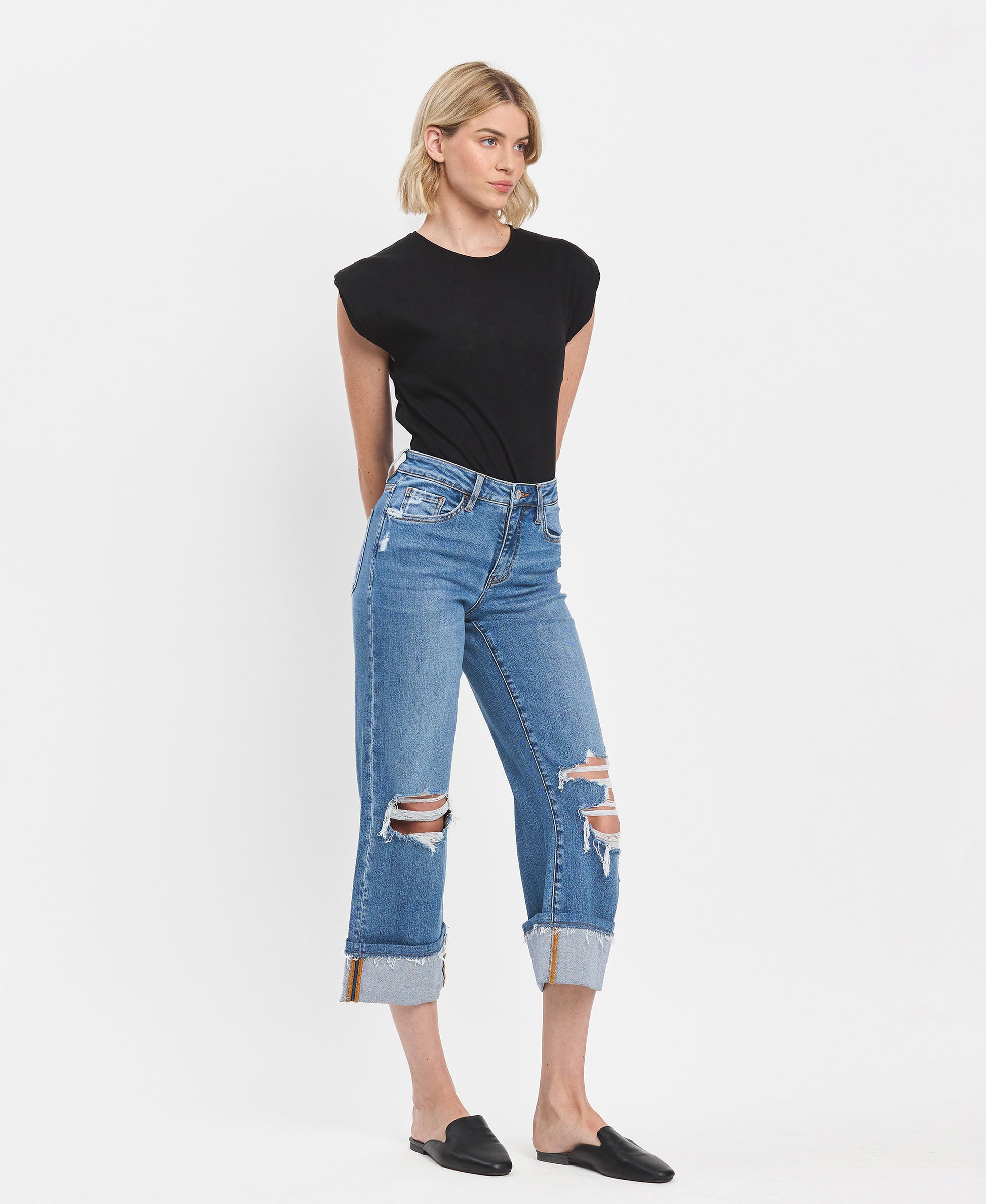 Right 45 degrees product image of Attendant - High Rise Cuffed Crop Wide Leg Jeans