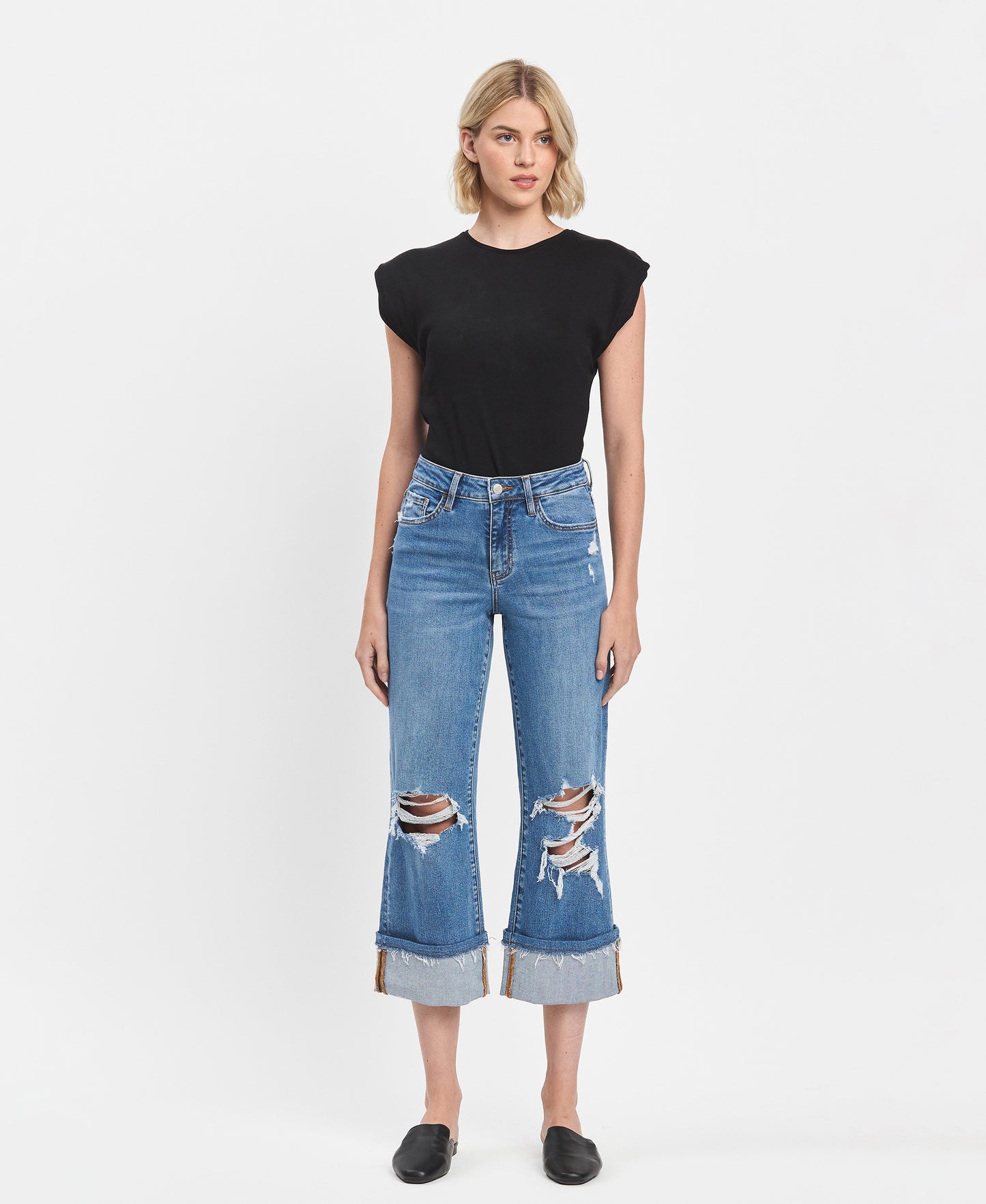 Front product images of Attendant - High Rise Cuffed Crop Wide Leg Jeans